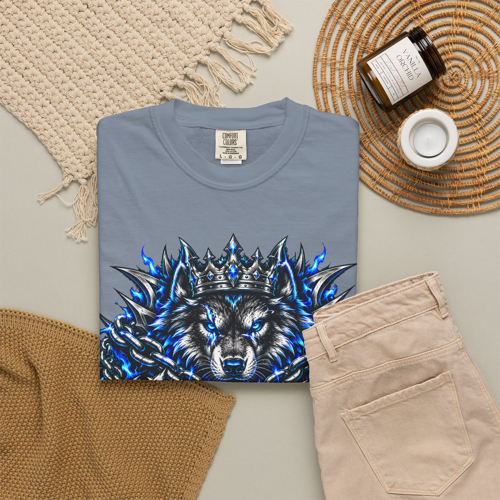 Wolf 'Unstoppable' Graphic Tee — Bold Blue Crowned Wolf Shirt