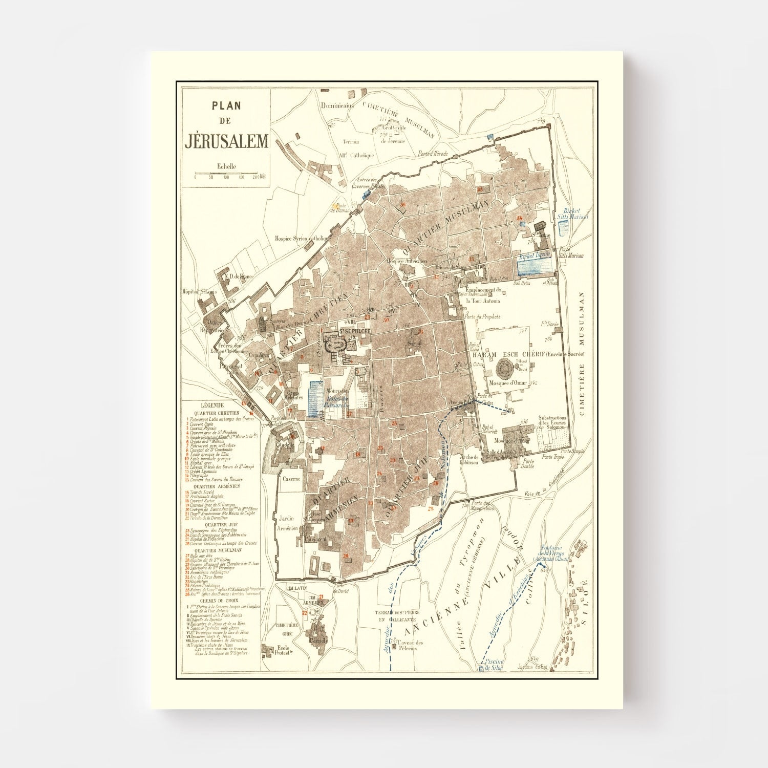 Vintage Map of Jerusalem, Israel 1900