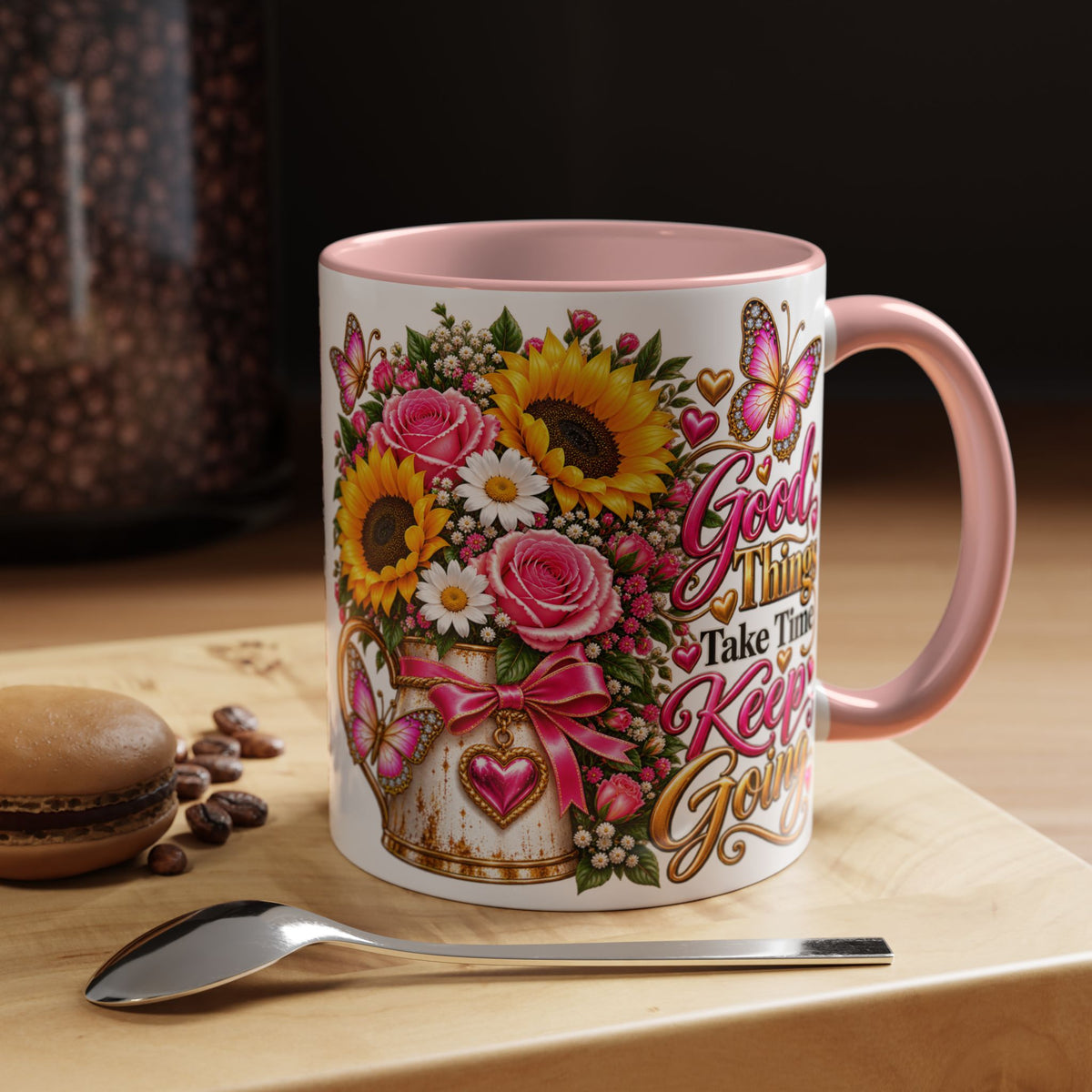 Inspiring Floral Coffee Mug — "Good Things Take Time, Keep Going"