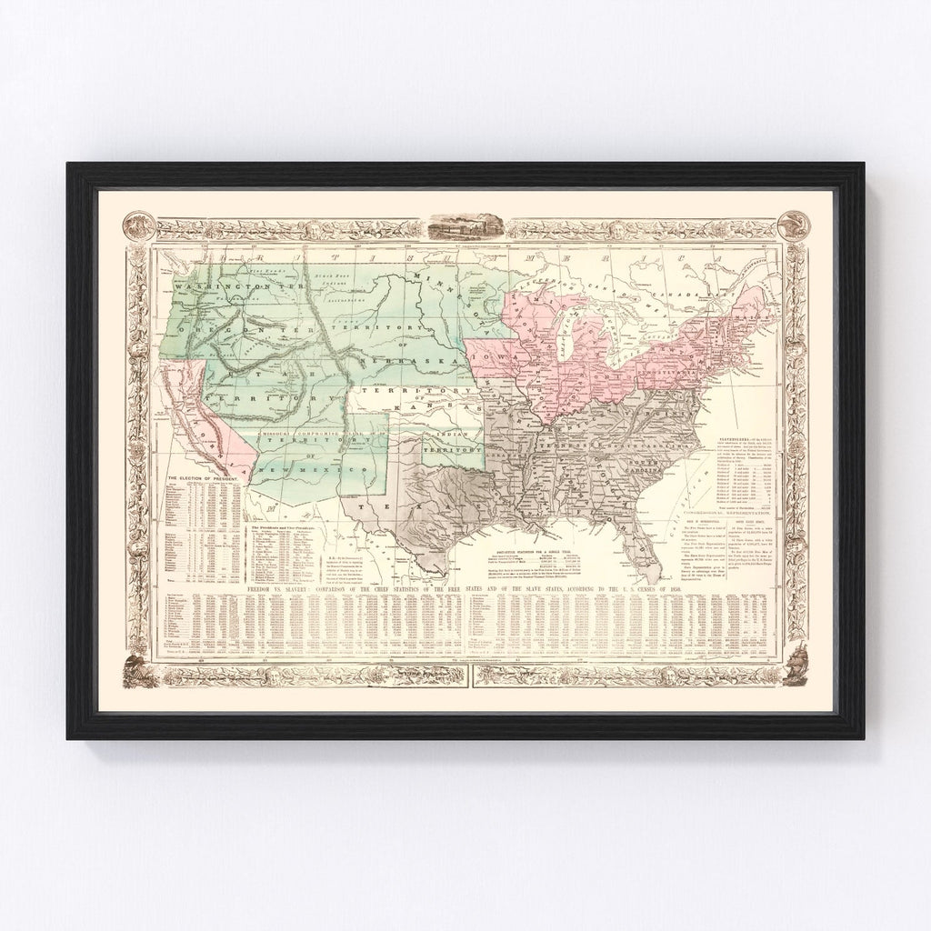 Vintage United States Map of the Slave States & Slavery 1856