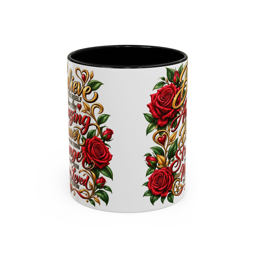 Inspirational Rose Coffee Mug — "Believe in Yourself" Motivational Tea Cup