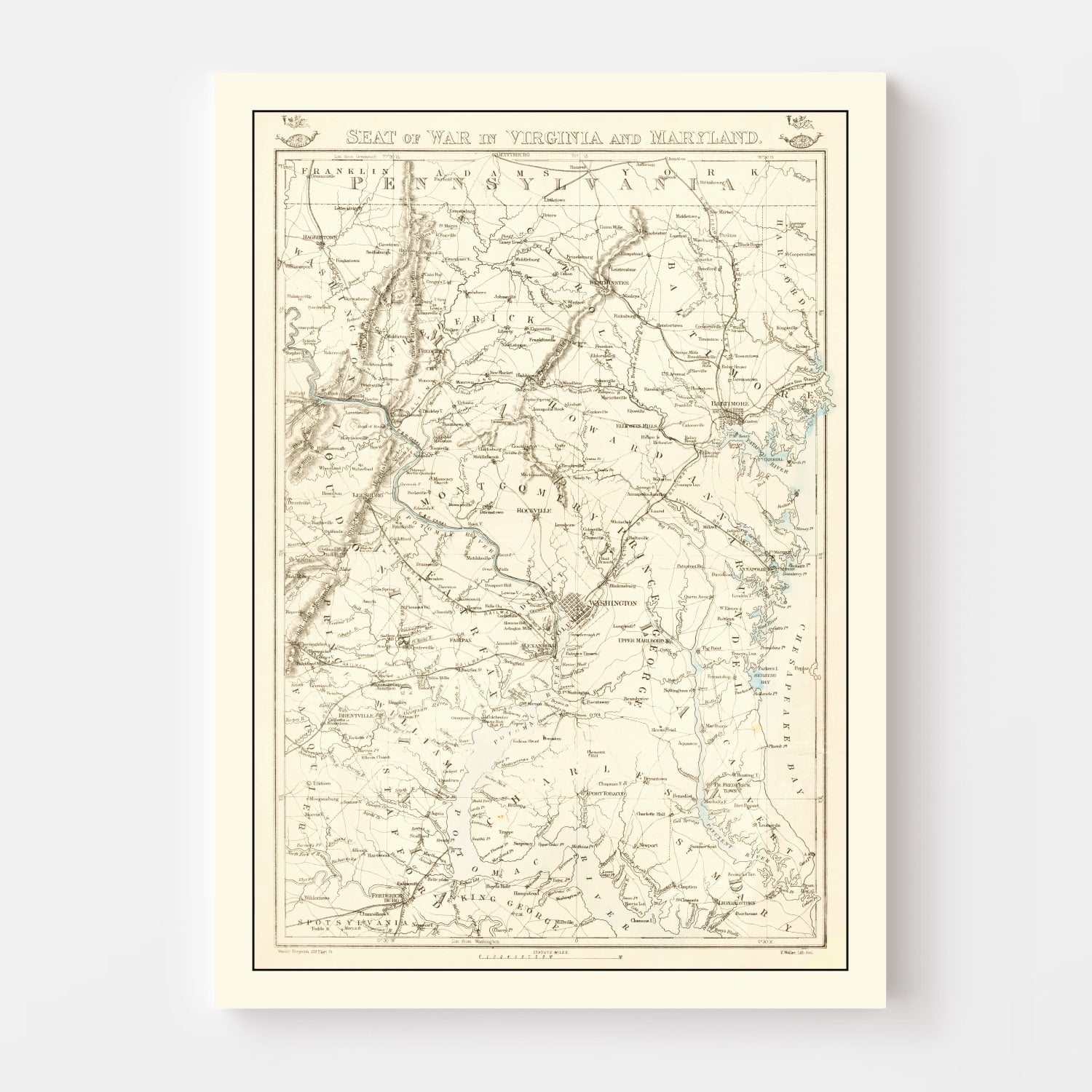 Vintage Seat of War in Virginia & Maryland Map 1863