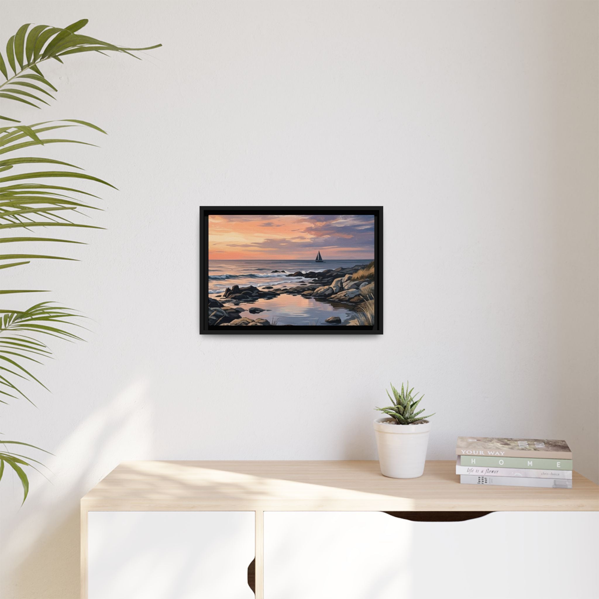 Framed Seaside Sunset Matte Canvas Print – Sailboat Coastal Wall Art