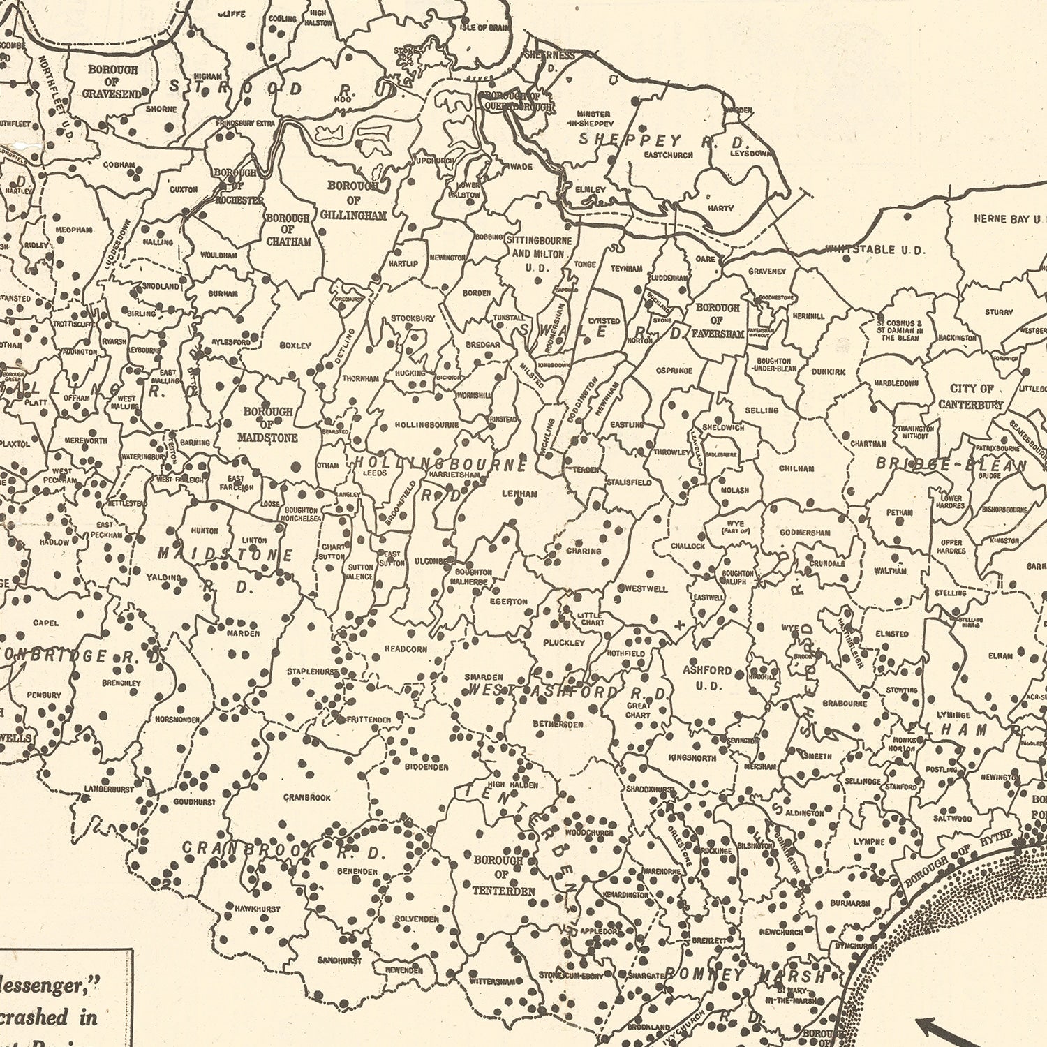 Vintage World War II Map of Doodle Bugs In Kent 1944