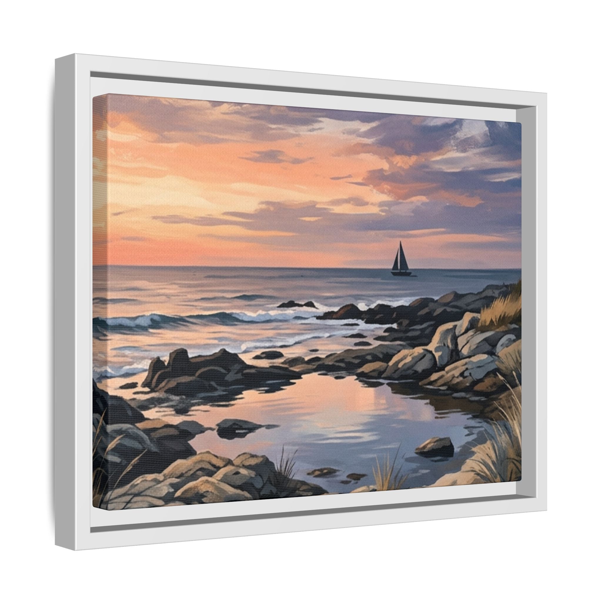 Framed Seaside Sunset Matte Canvas Print – Sailboat Coastal Wall Art