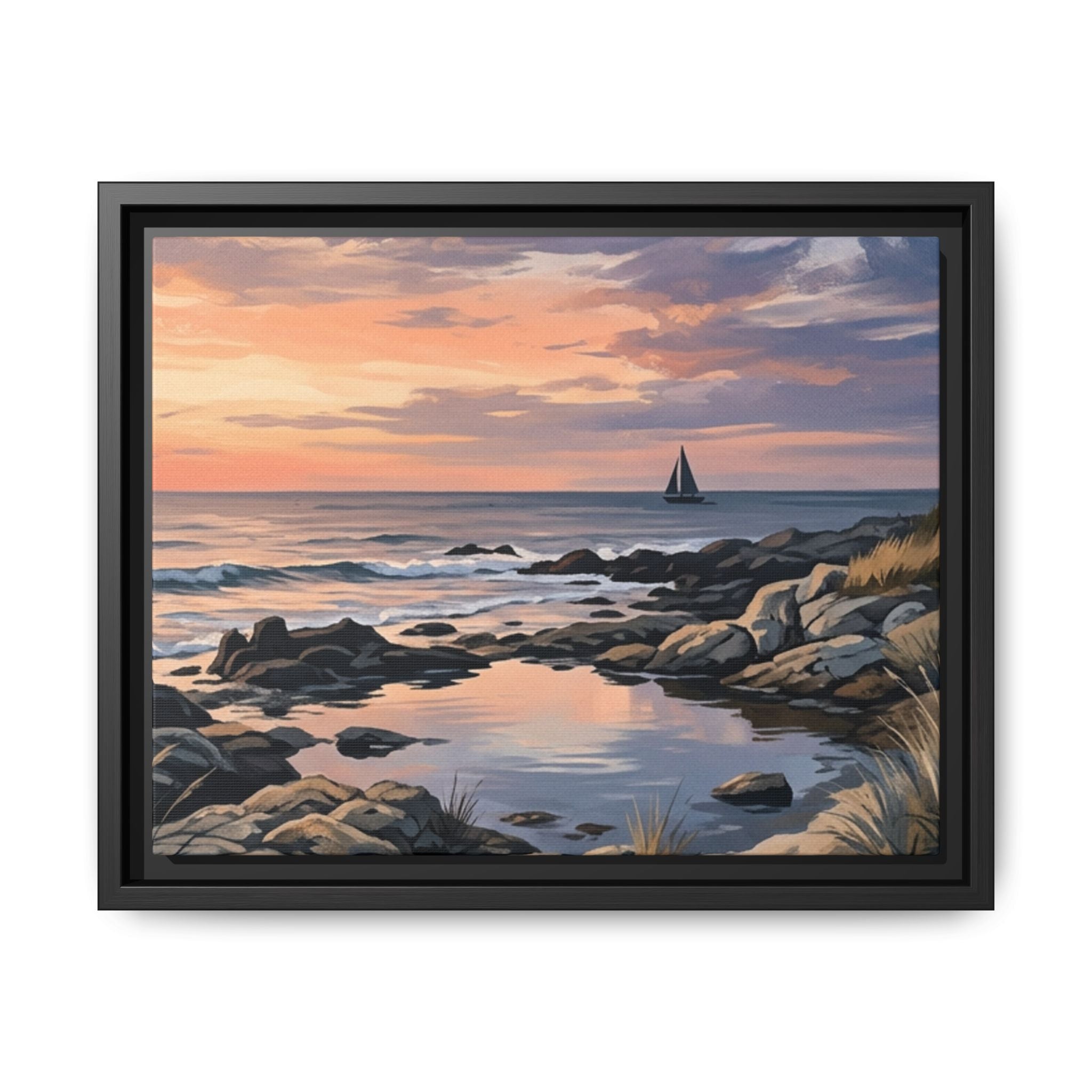 Framed Seaside Sunset Matte Canvas Print – Sailboat Coastal Wall Art