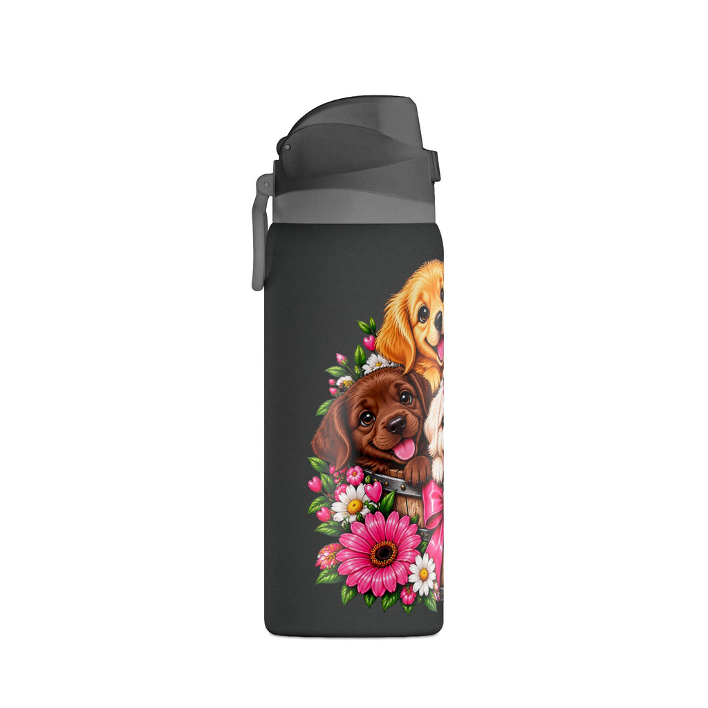 32oz Insulated Water Bottle with Adorable Dogs and Flowers