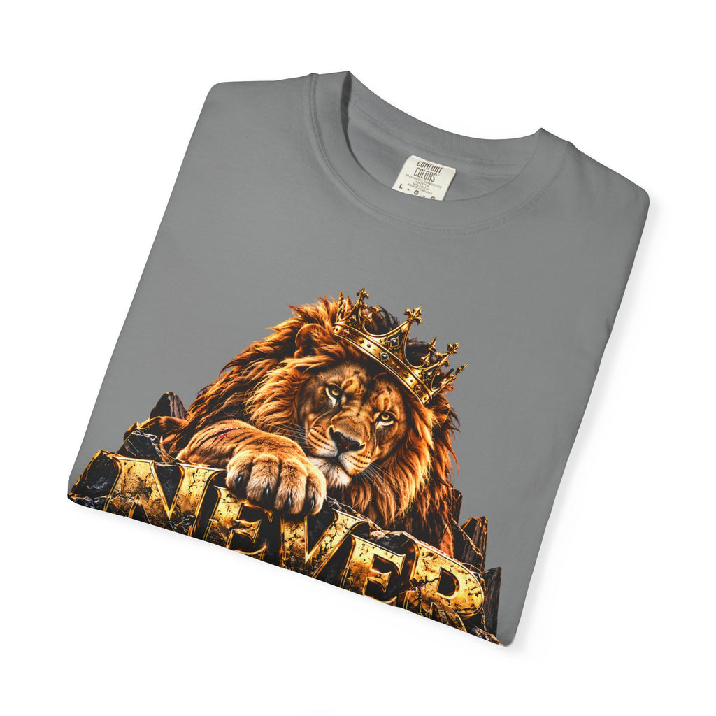 Lion Graphic T-Shirt — "Never Give Up: Great Things Take Time" Motivational Tee