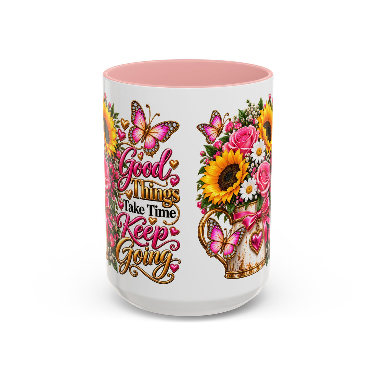 Inspiring Floral Coffee Mug — "Good Things Take Time, Keep Going"