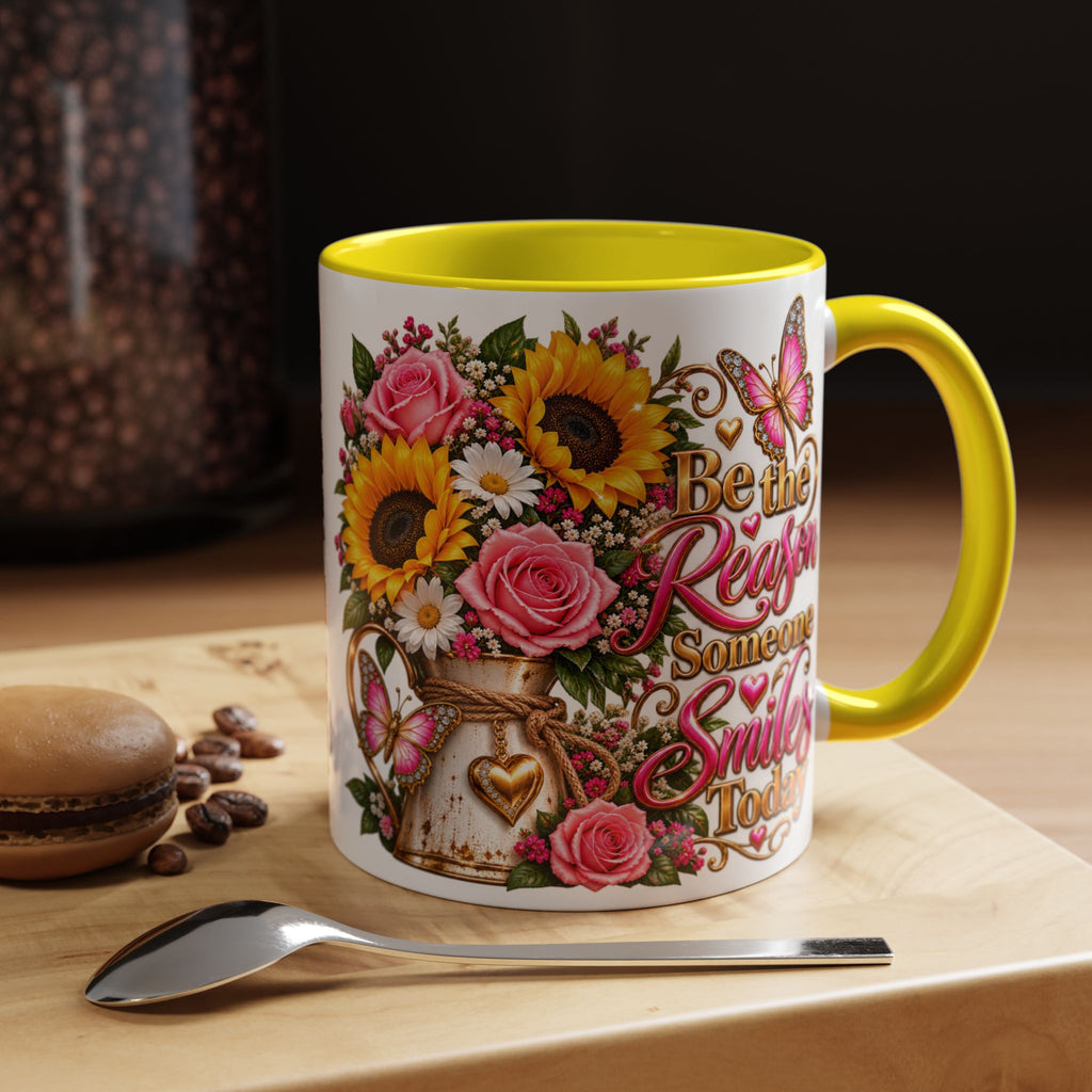 Be the Reason Someone Smiles Today Accent Coffee Mug – Floral Sunflower & Rose Inspirational 11/15oz