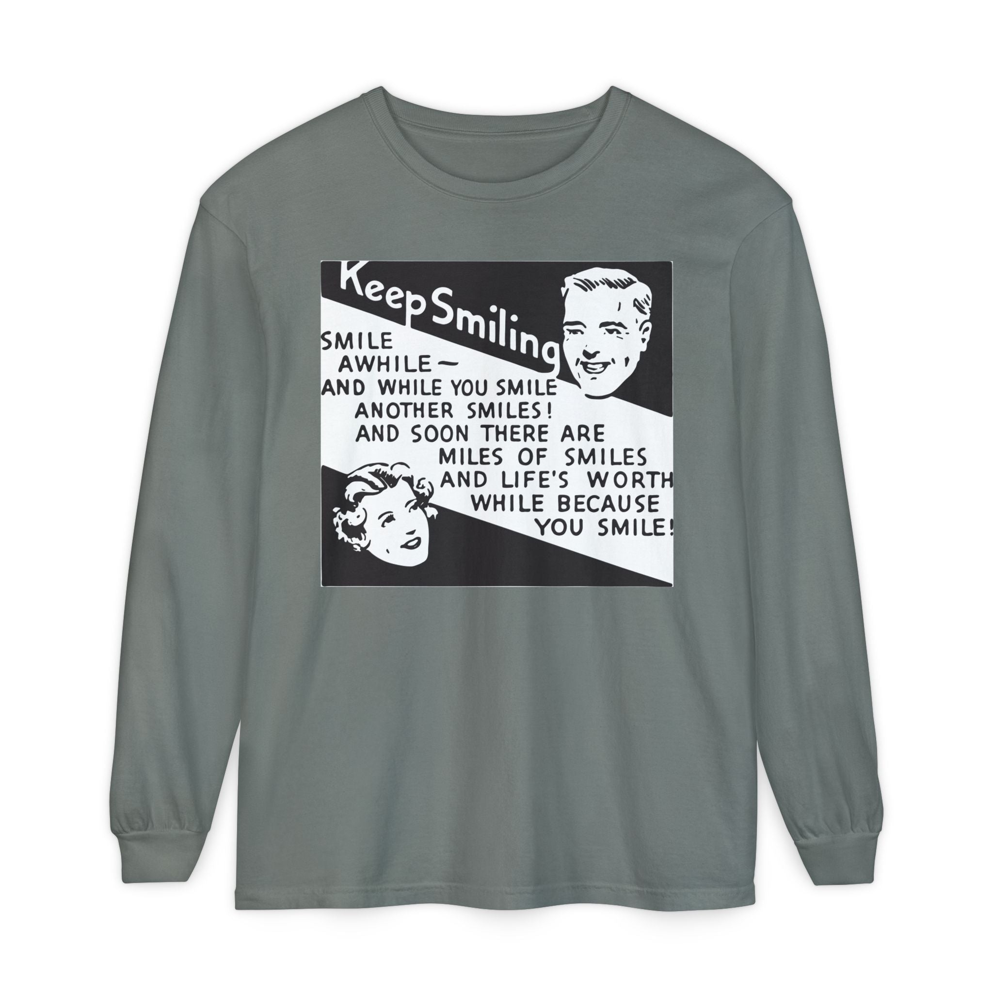 Keep Smiling Long Sleeve Tee — Retro Motivational Graphic Shirt