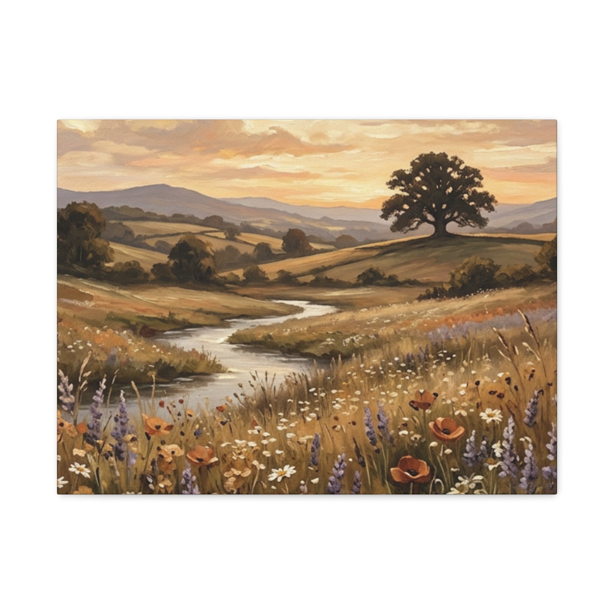 Golden Meadow River Canvas Wall Art — Stretched Matte Print