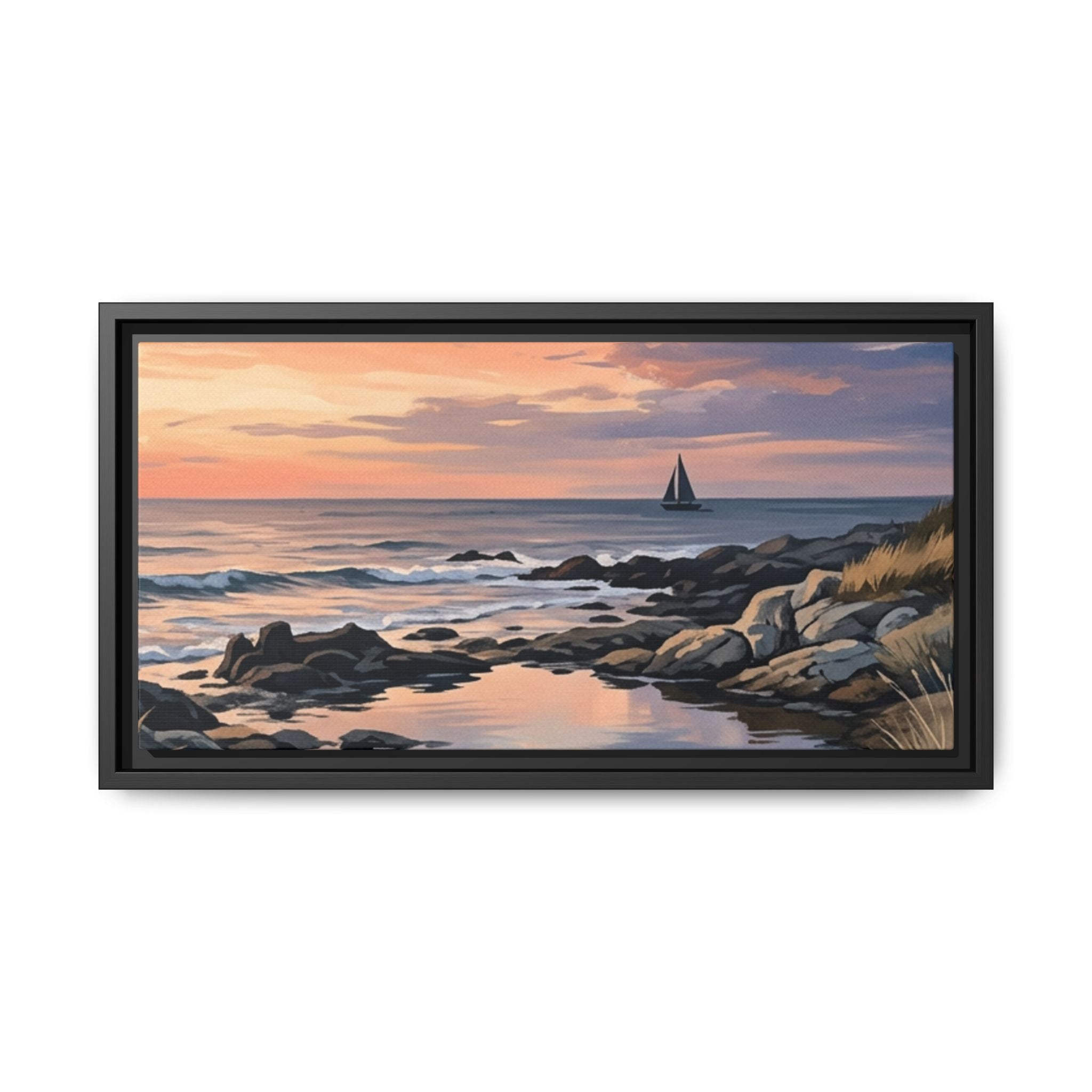 Framed Seaside Sunset Matte Canvas Print – Sailboat Coastal Wall Art