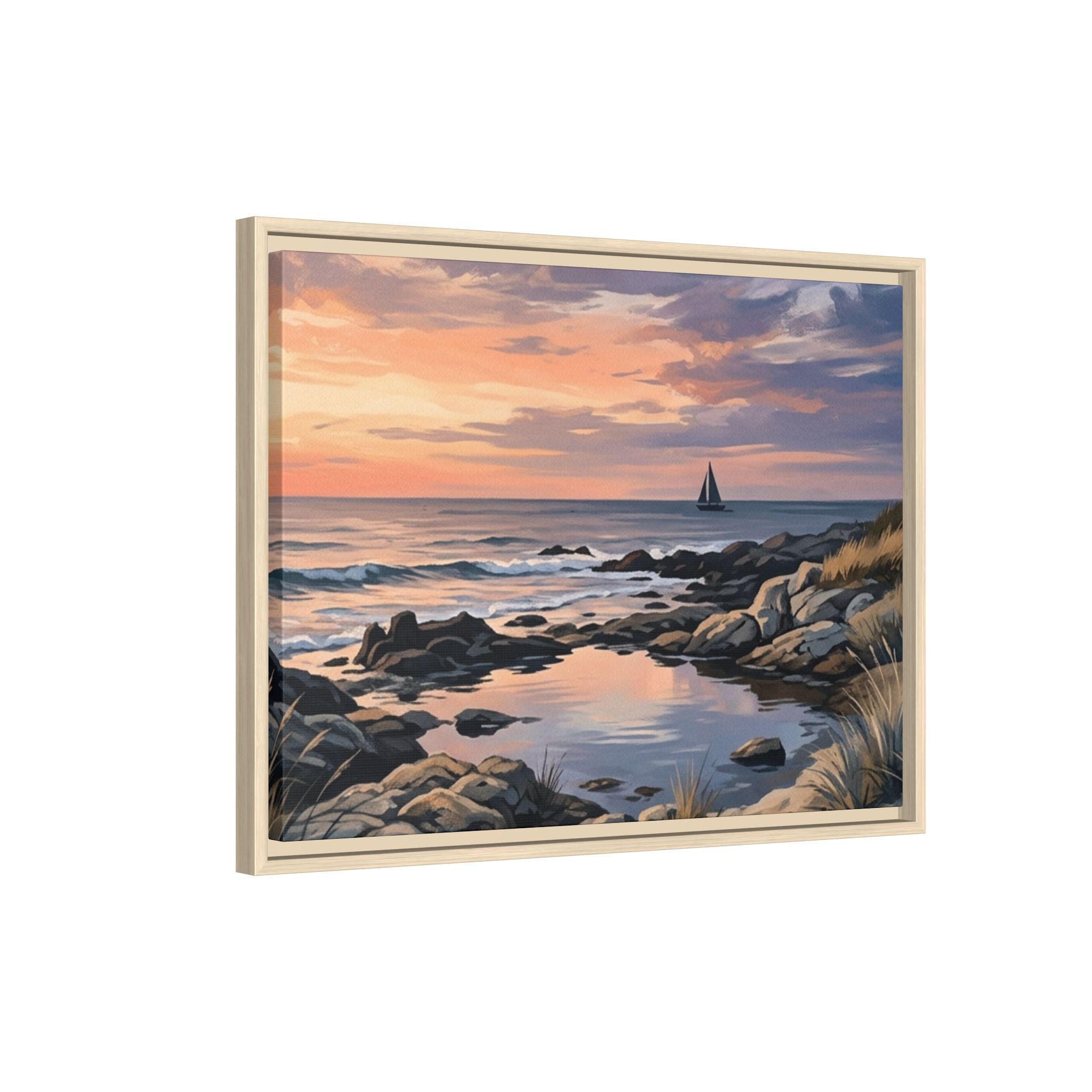 Framed Seaside Sunset Matte Canvas Print – Sailboat Coastal Wall Art