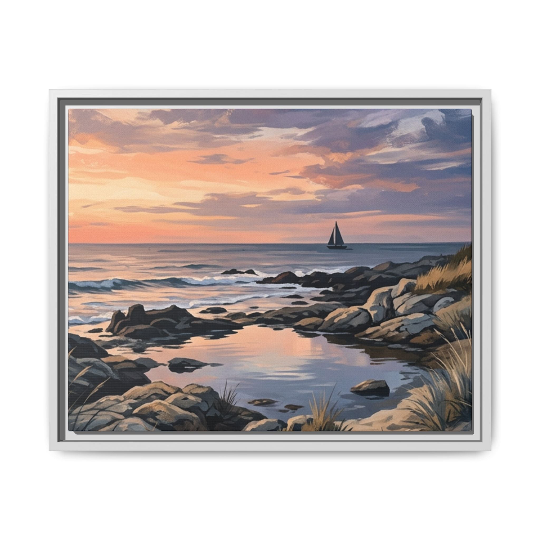 Framed Seaside Sunset Matte Canvas Print – Sailboat Coastal Wall Art