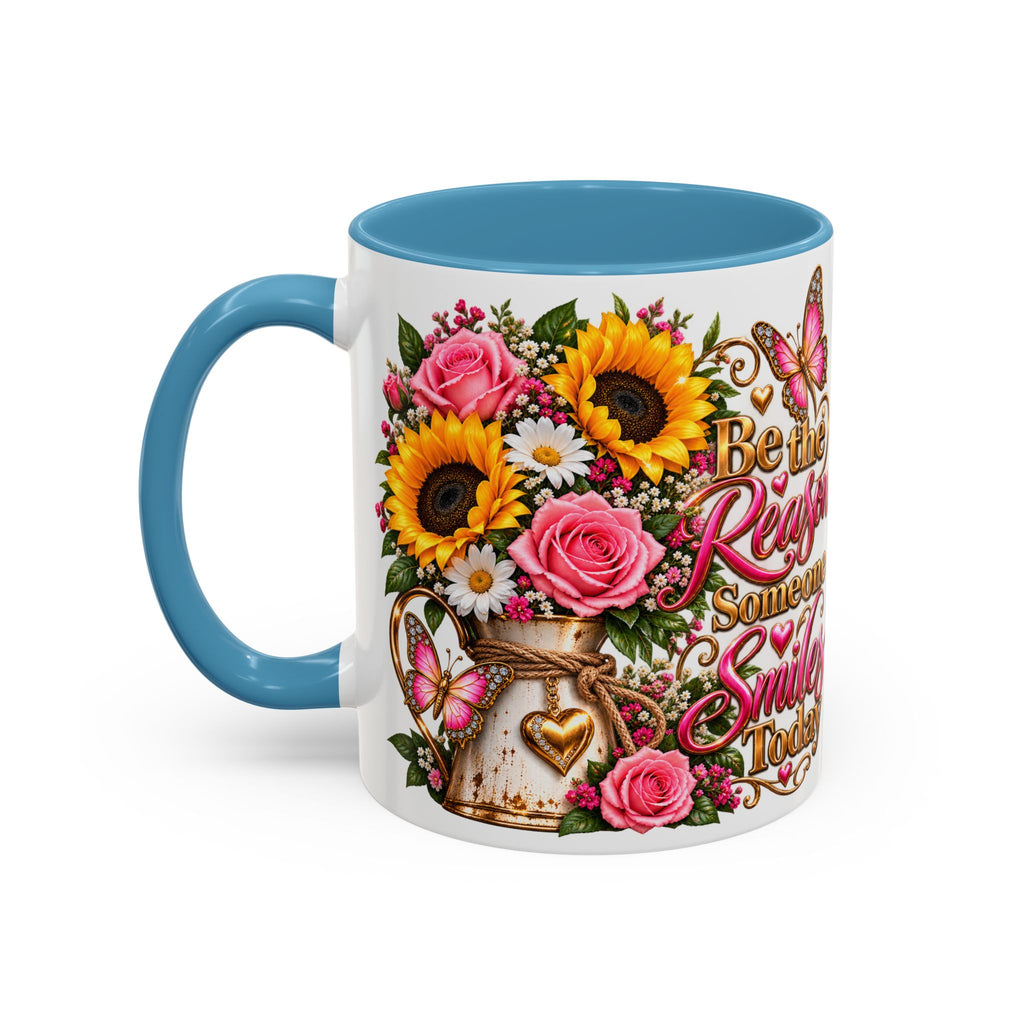 Be the Reason Someone Smiles Today Accent Coffee Mug – Floral Sunflower & Rose Inspirational 11/15oz