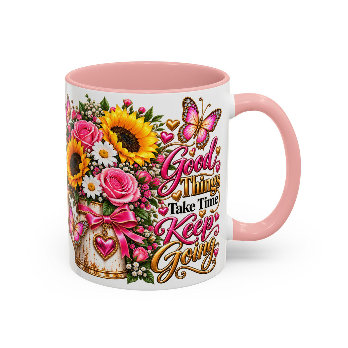 Inspiring Floral Coffee Mug — "Good Things Take Time, Keep Going"