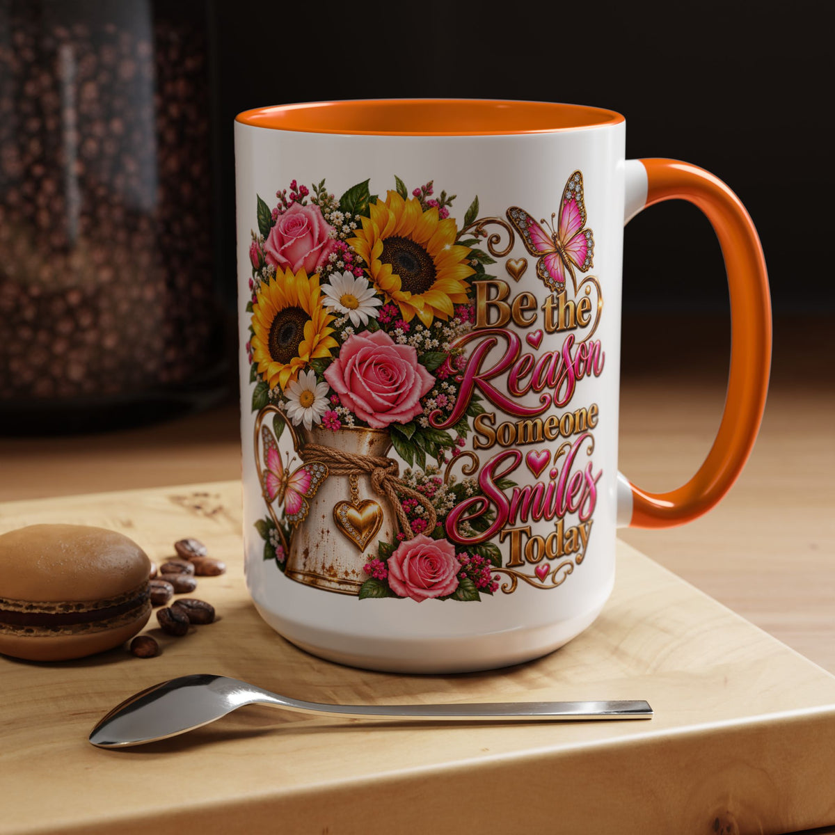 Be the Reason Someone Smiles Today Accent Coffee Mug – Floral Sunflower & Rose Inspirational 11/15oz