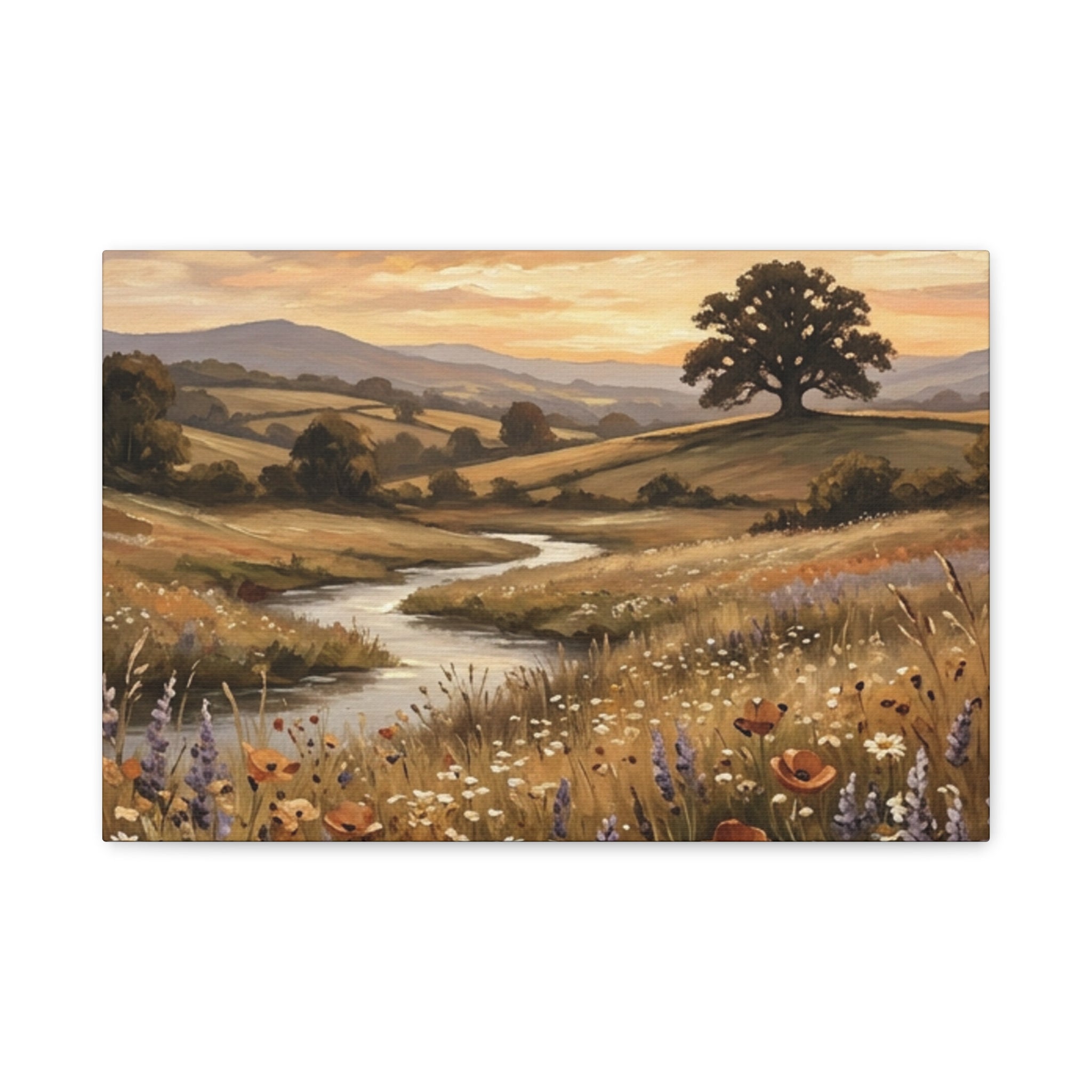 Golden Meadow River Canvas Wall Art — Stretched Matte Print