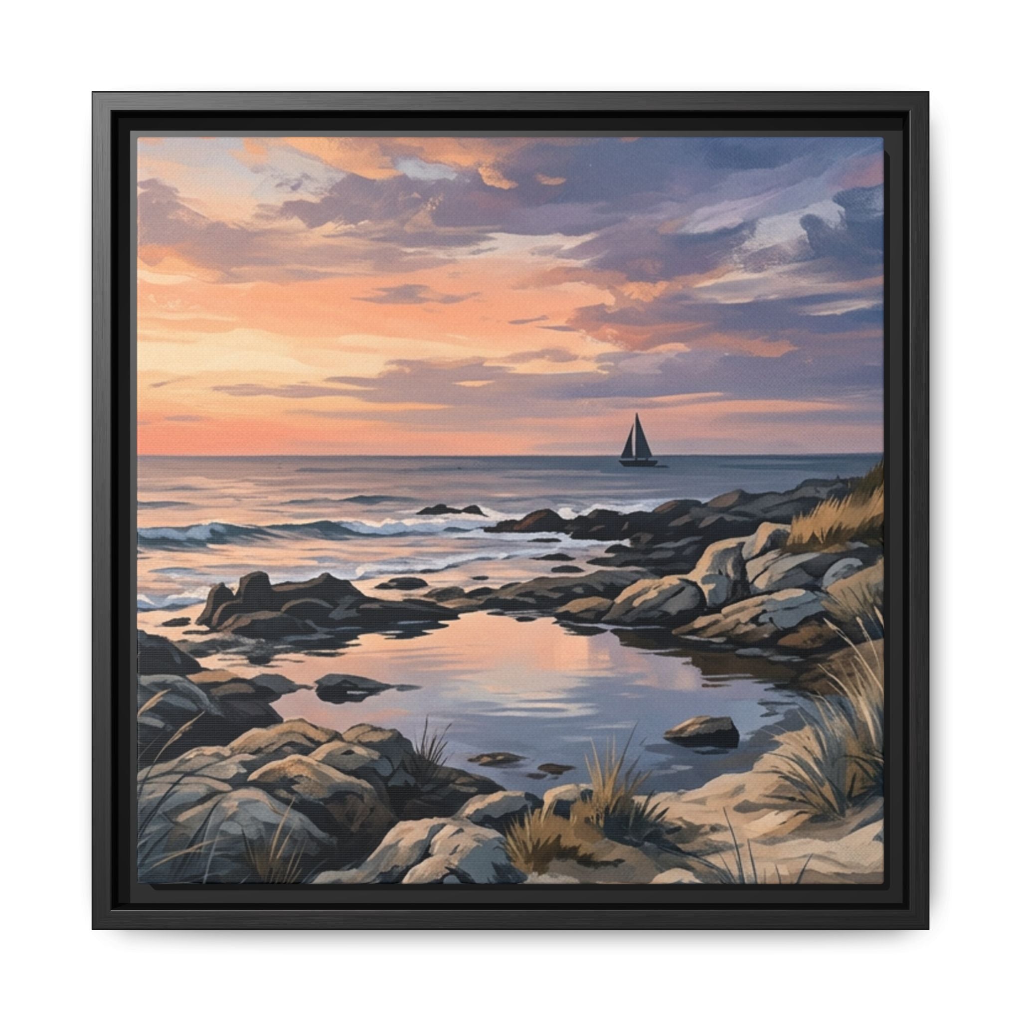Framed Seaside Sunset Matte Canvas Print – Sailboat Coastal Wall Art