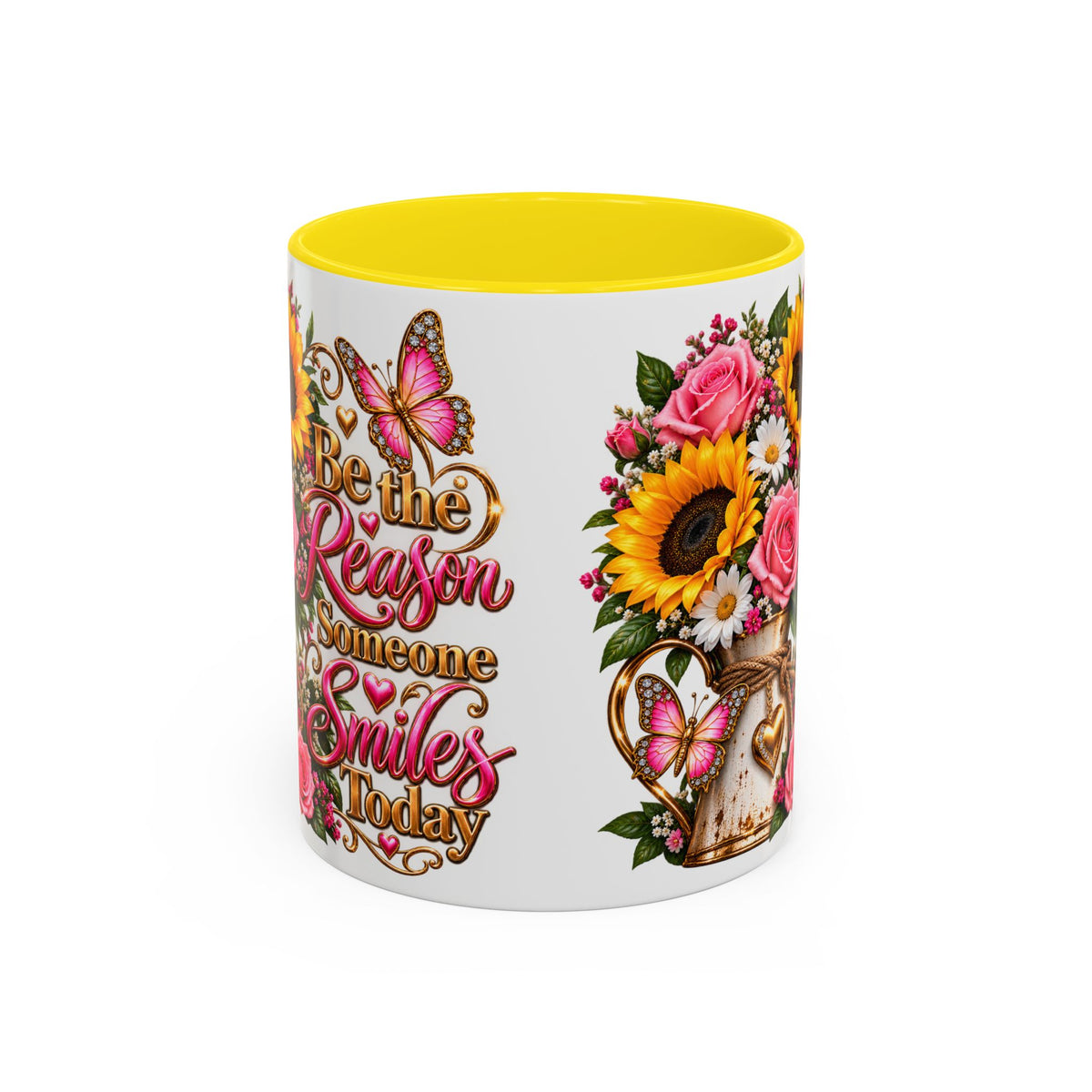 Be the Reason Someone Smiles Today Accent Coffee Mug – Floral Sunflower & Rose Inspirational 11/15oz