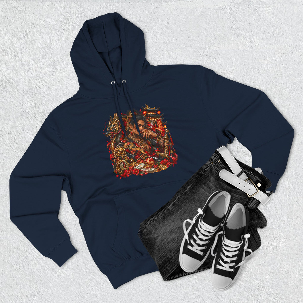 Dragon Battle Hoodie — Three-Panel Fleece Hooded Sweatshirt with Fiery Fantasy Artwork
