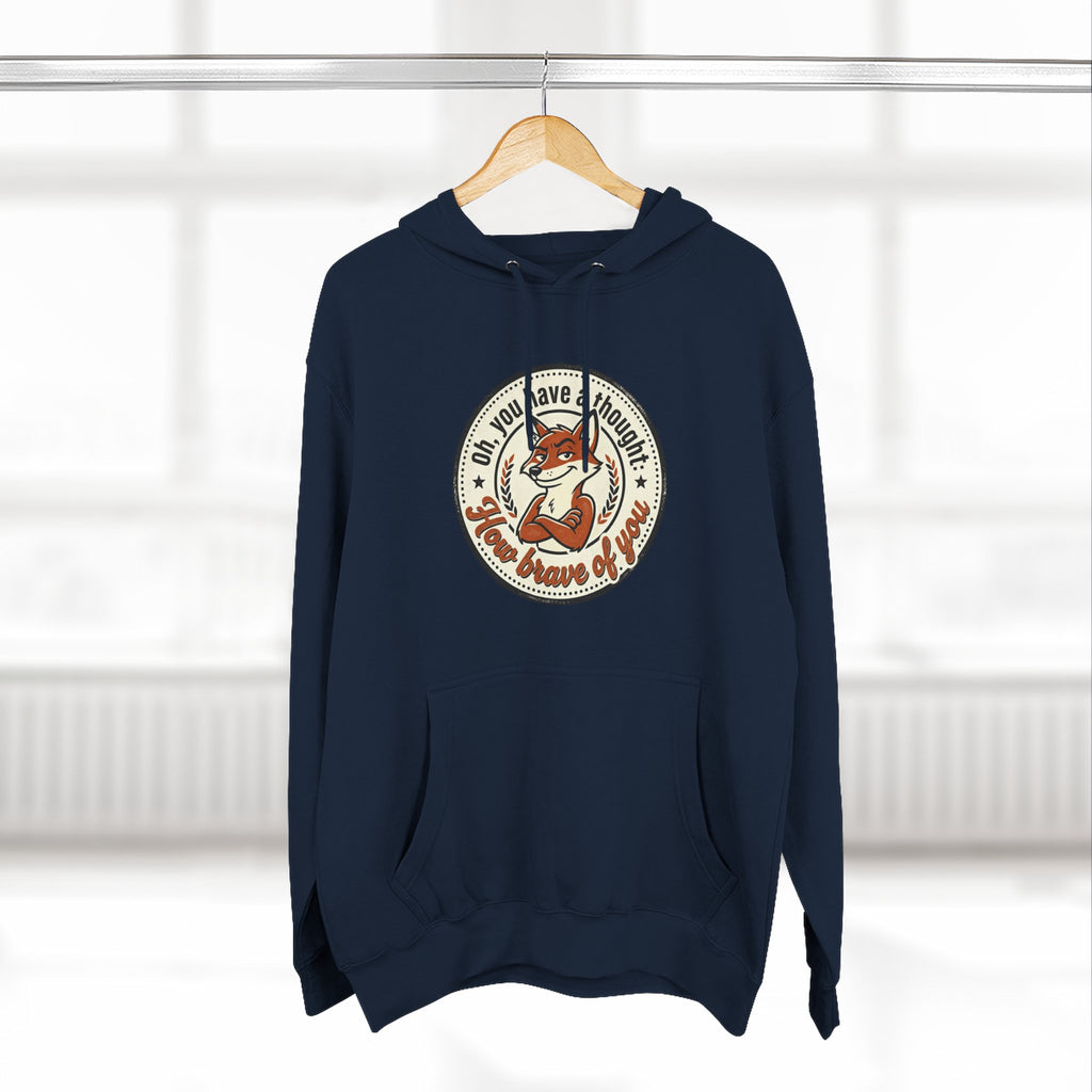 Fox Badge Hoodie — "Be Brave & Kind" Retro Emblem Fleece Hoodie