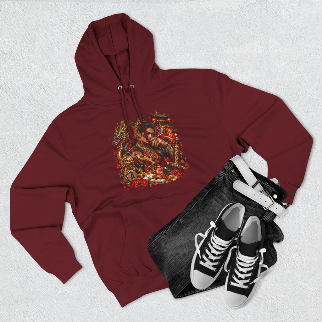 Dragon Battle Hoodie — Three-Panel Fleece Hooded Sweatshirt with Fiery Fantasy Artwork