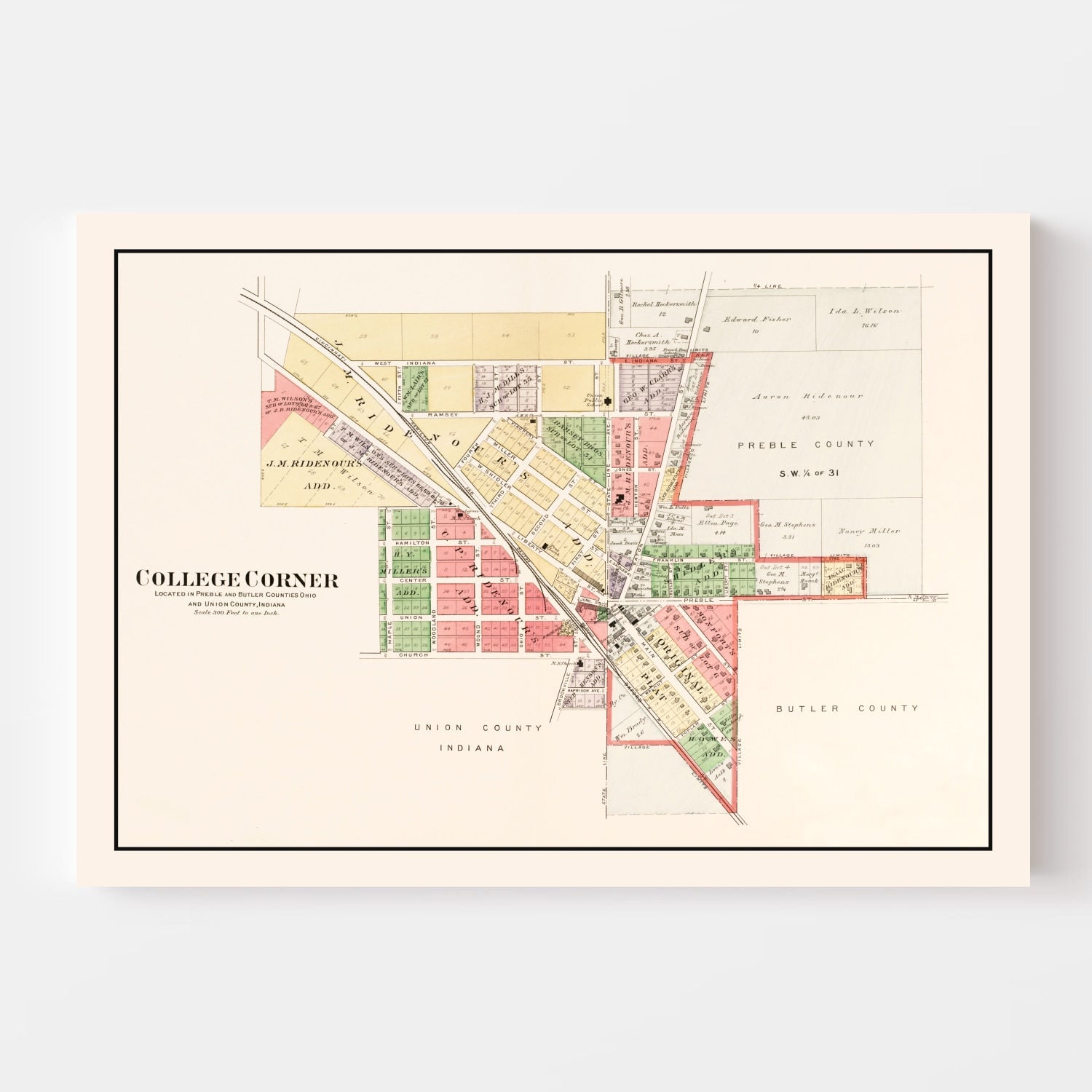 Vintage Map of College Corner, Ohio 1912
