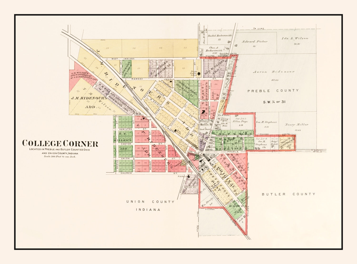 Vintage Map of College Corner, Ohio 1912