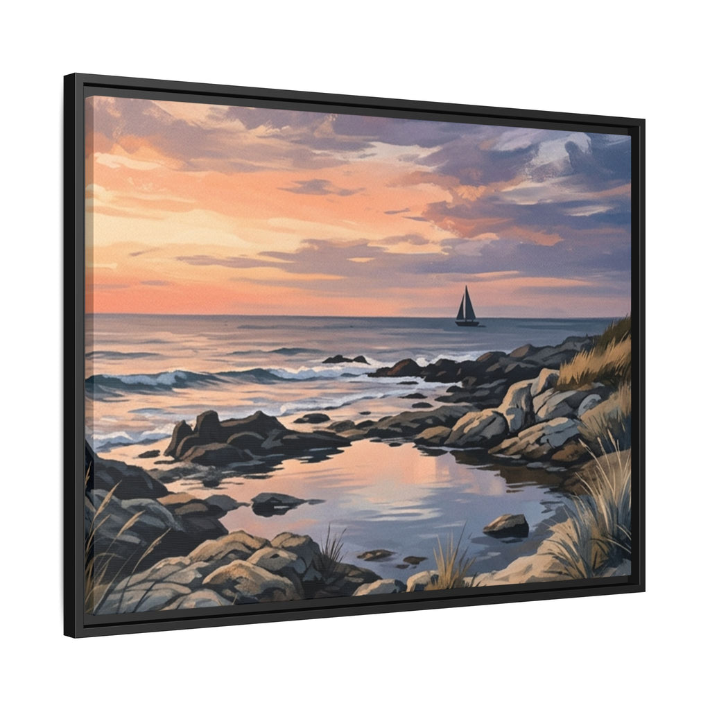 Framed Seaside Sunset Matte Canvas Print – Sailboat Coastal Wall Art