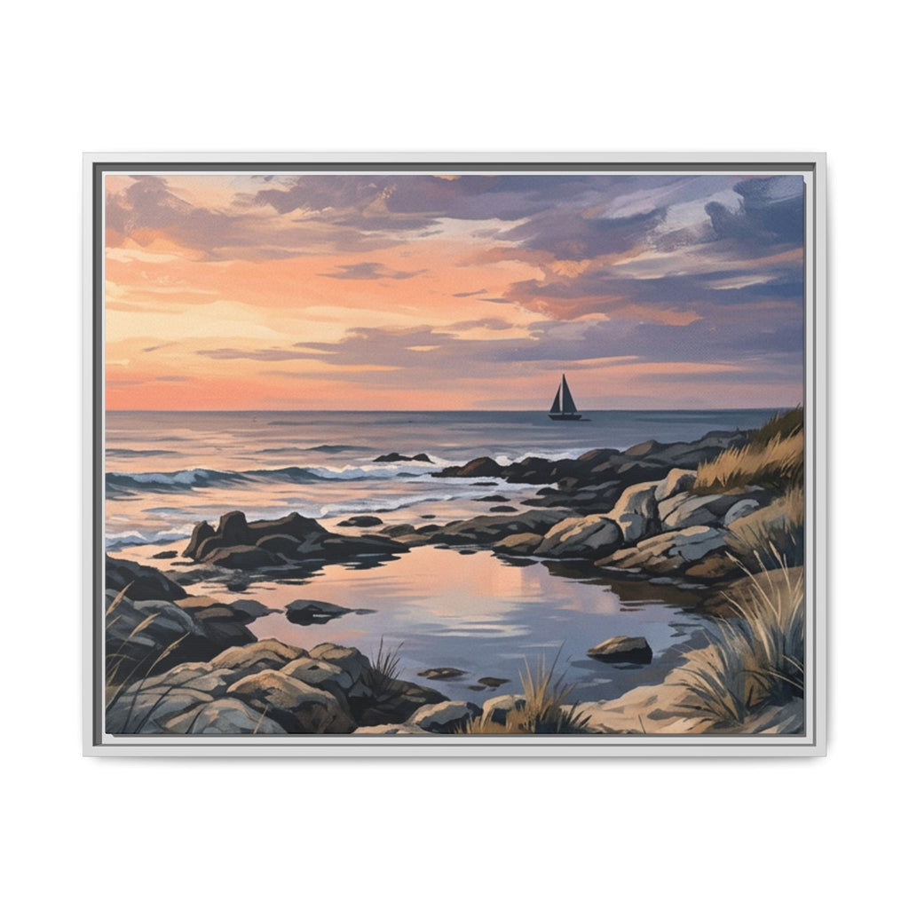 Framed Seaside Sunset Matte Canvas Print – Sailboat Coastal Wall Art