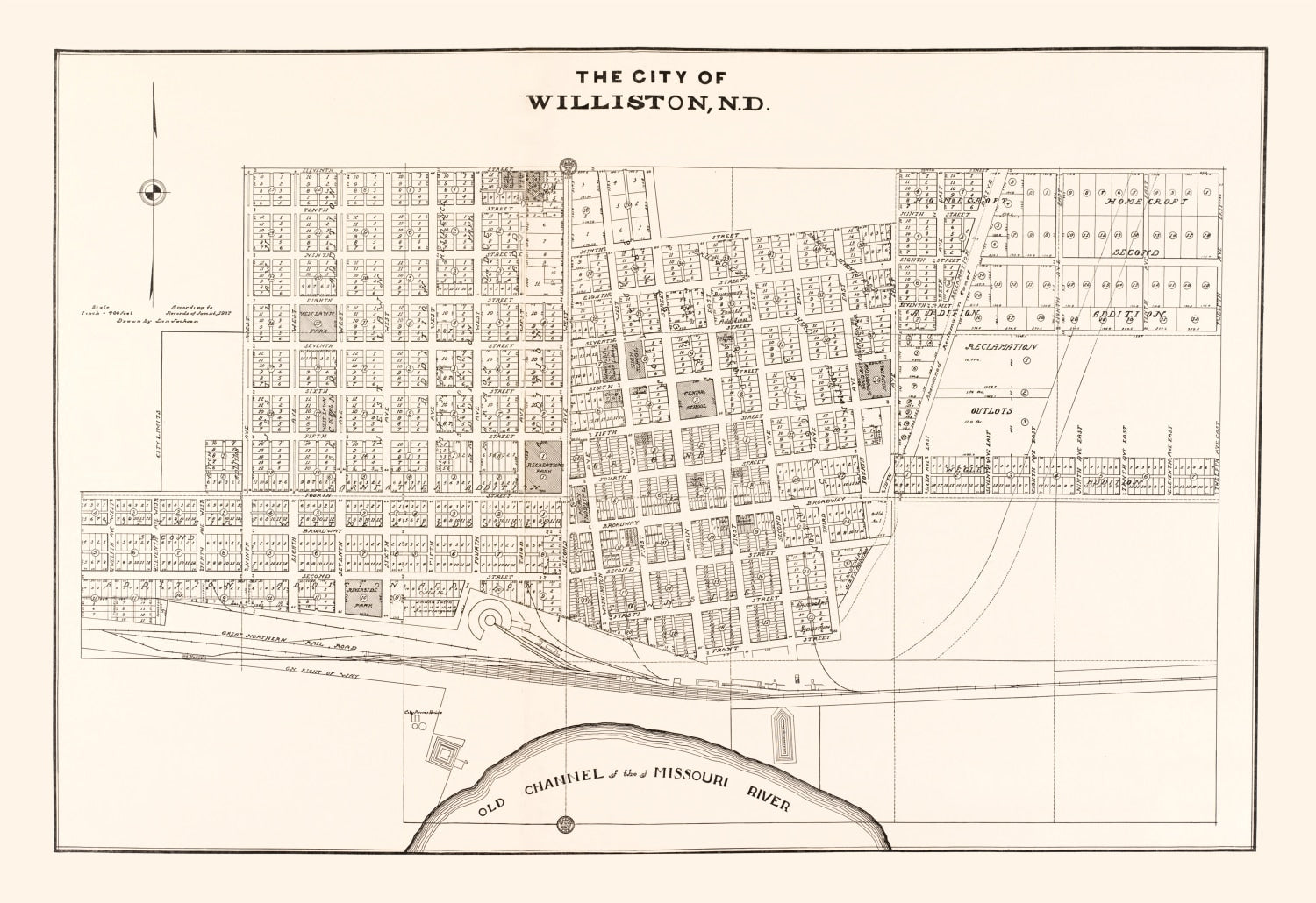 Vintage Map of Williston, North Dakota 1937