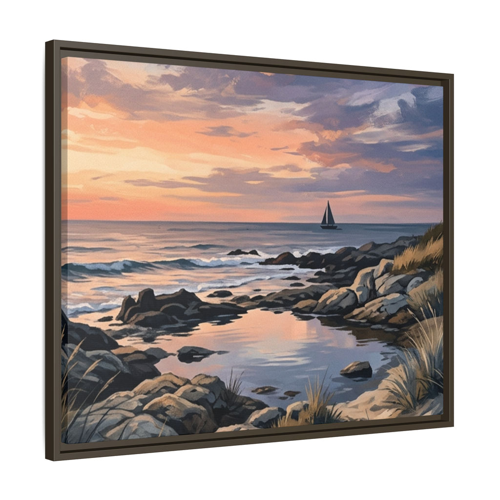 Framed Seaside Sunset Matte Canvas Print – Sailboat Coastal Wall Art