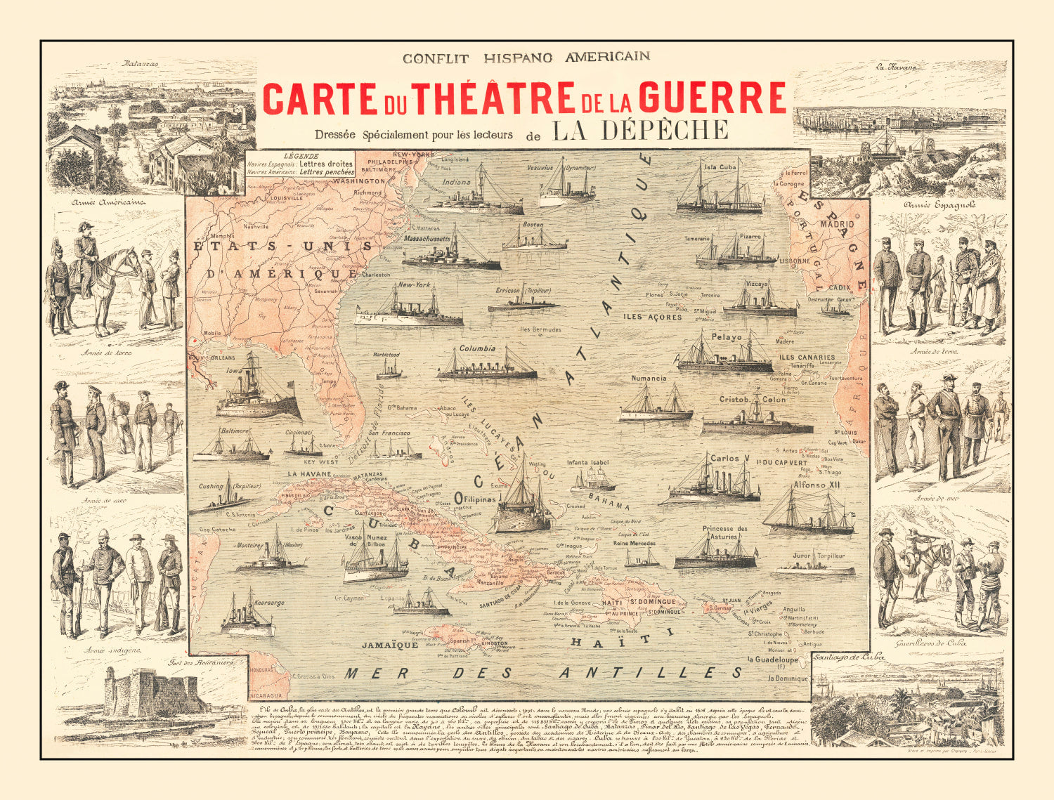 Vintage Spanish American War Map of the Atlantic 1898