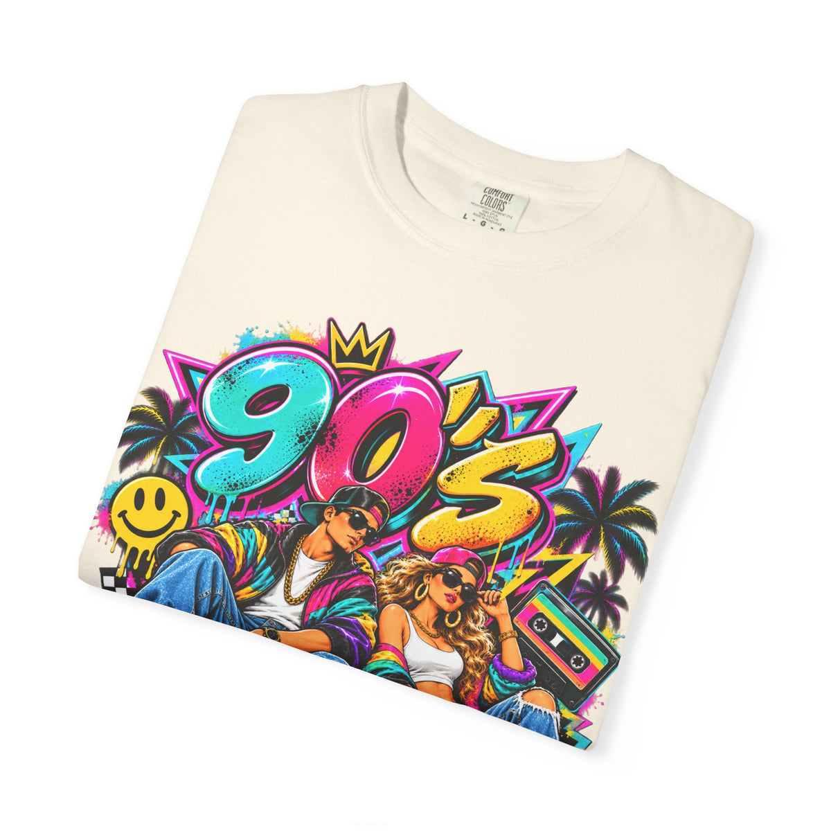 90s Retro Streetwear T-Shirt — Vintage Boombox & Neon Graffiti Design