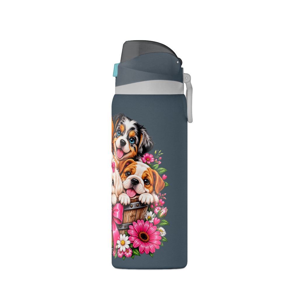 32oz Insulated Water Bottle with Adorable Dogs and Flowers