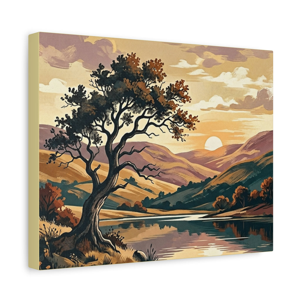 Sunset Lake Landscape Canvas - Vintage Tree Wall Art Print