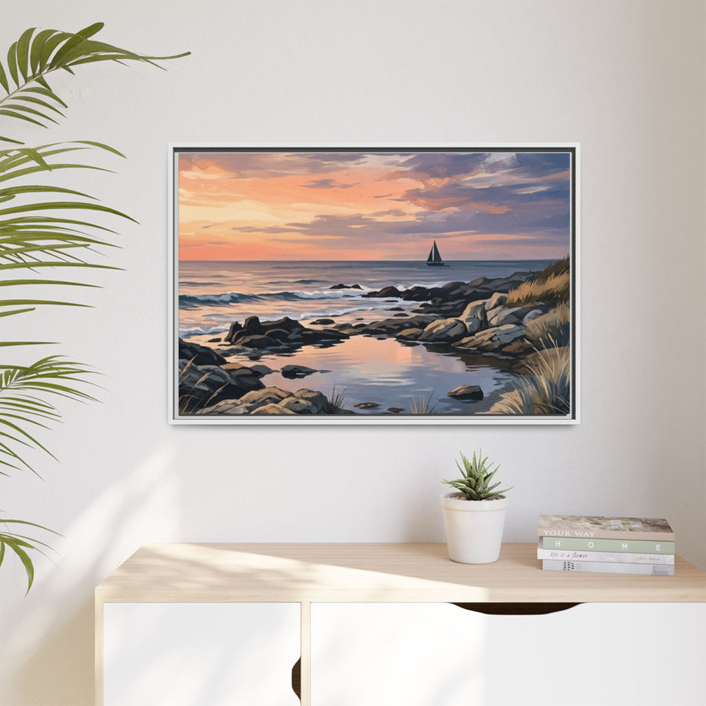Framed Seaside Sunset Matte Canvas Print – Sailboat Coastal Wall Art