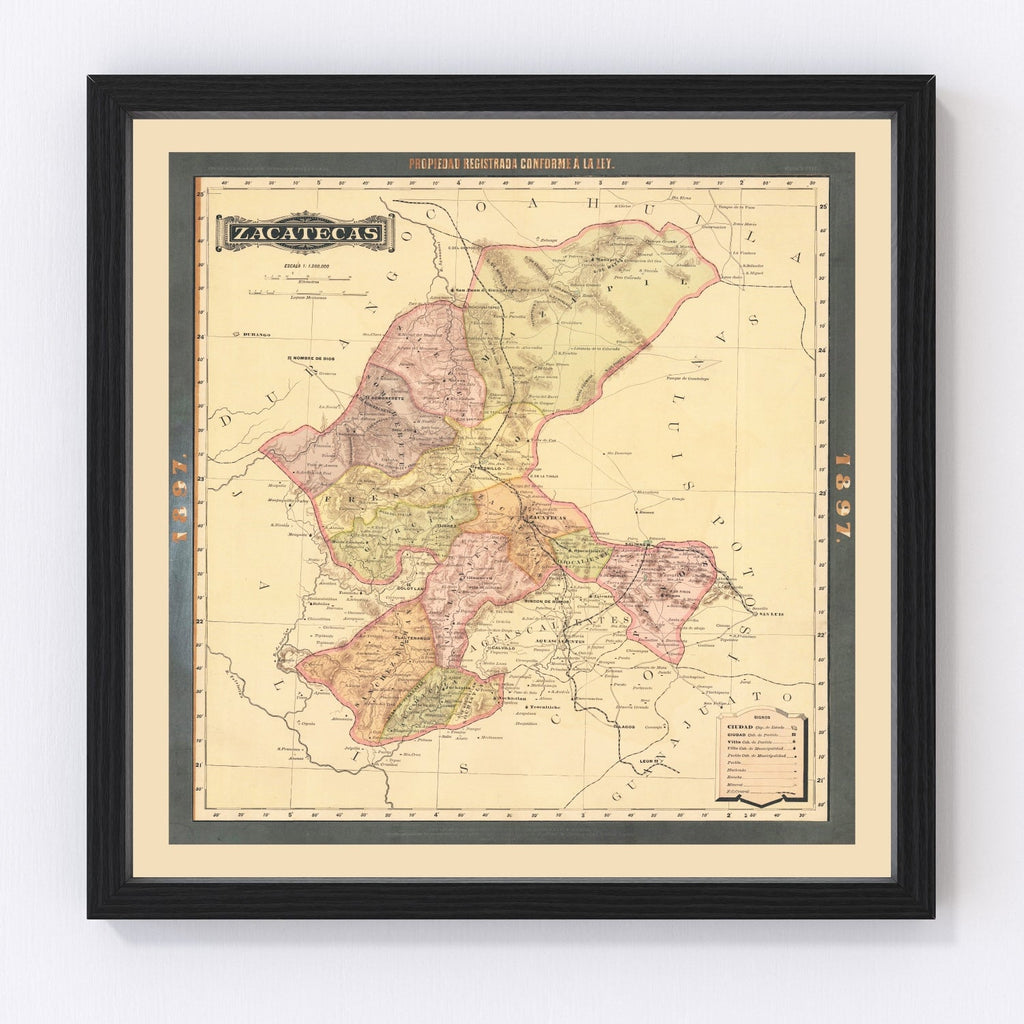 Vintage Zacatecas, Mexico Map 1897