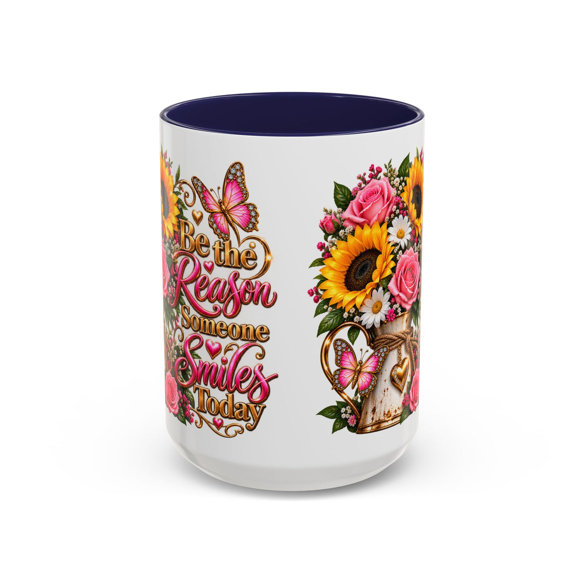 Be the Reason Someone Smiles Today Accent Coffee Mug – Floral Sunflower & Rose Inspirational 11/15oz