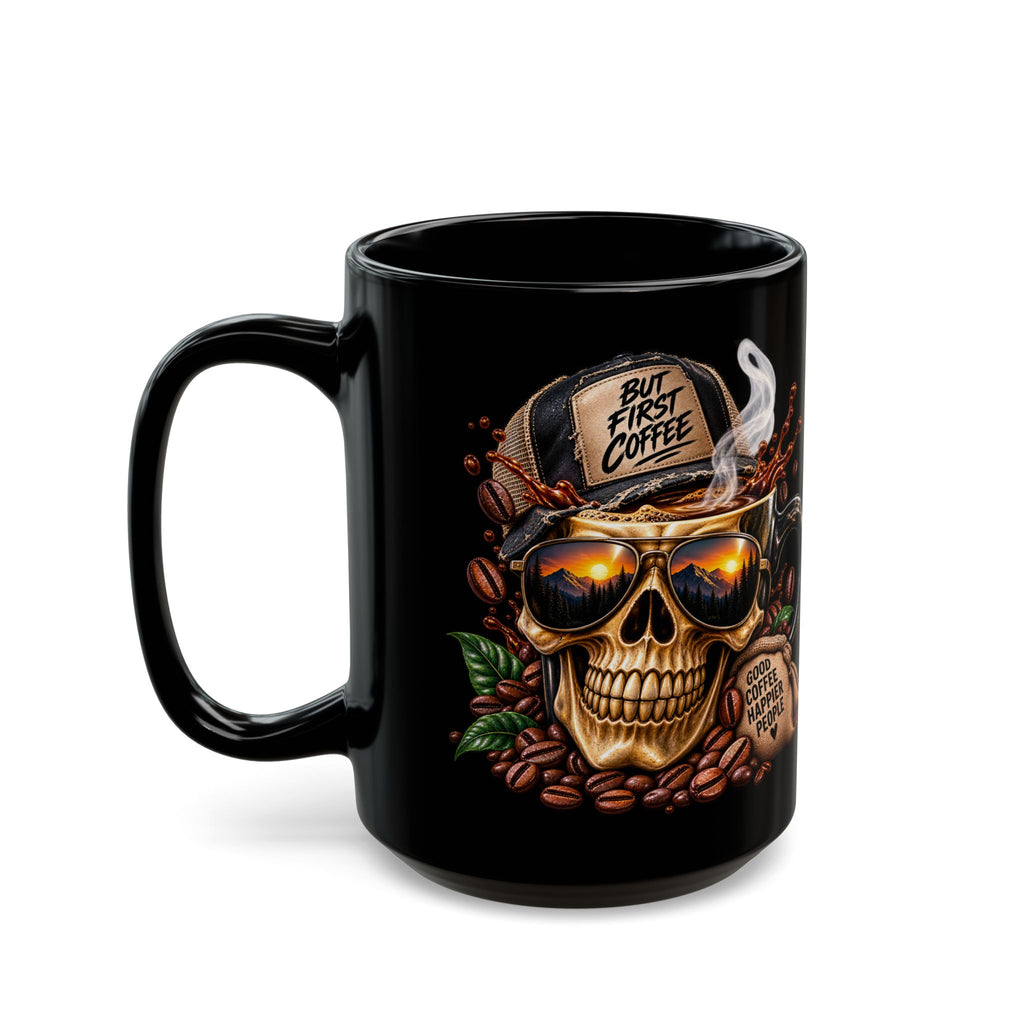 Skull Coffee Mug — "But First Coffee" Black Ceramic Mug (11oz/15oz)
