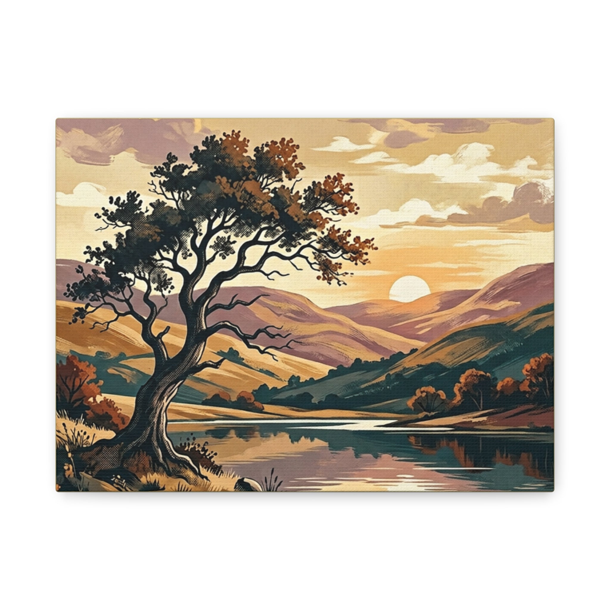 Sunset Lake Landscape Canvas - Vintage Tree Wall Art Print