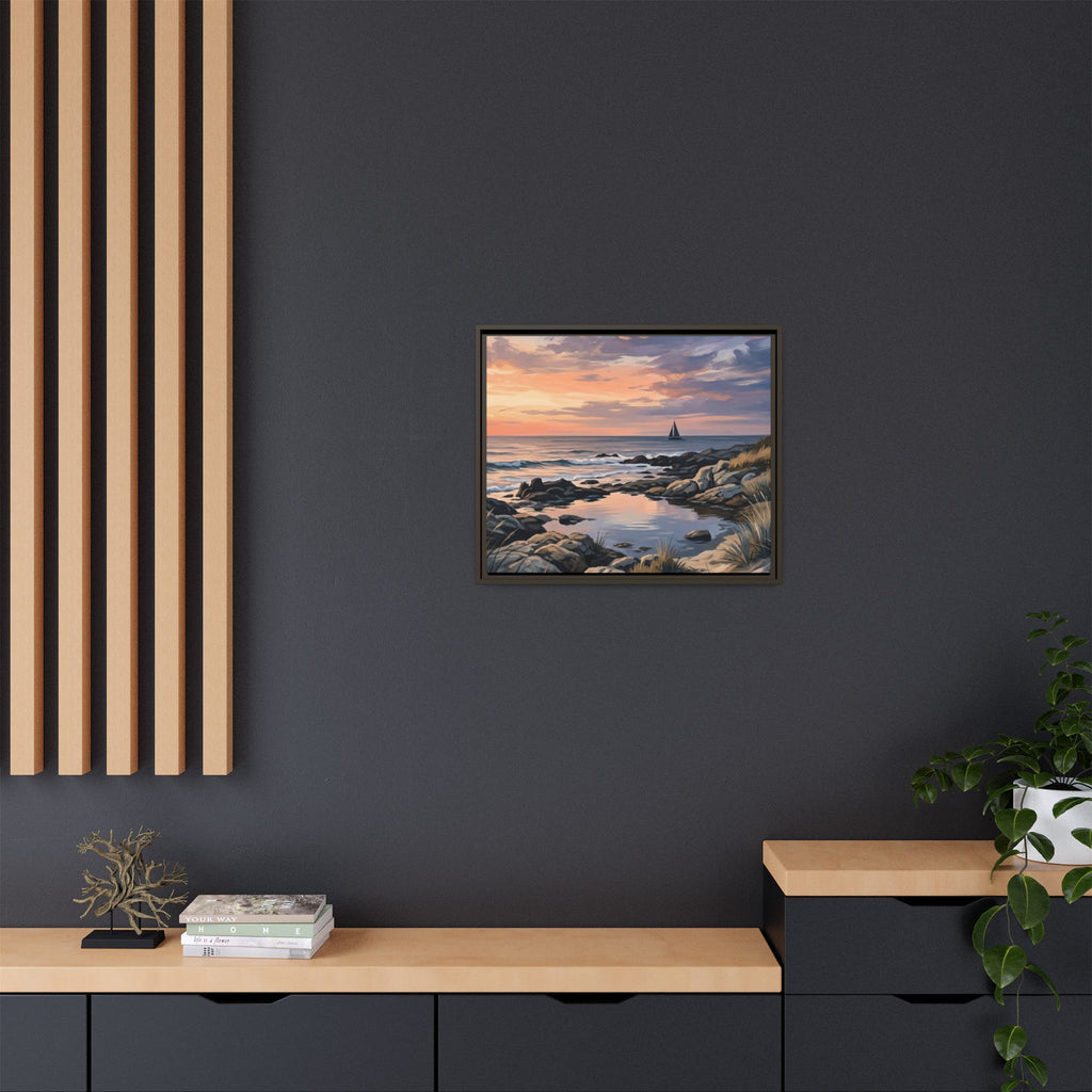 Framed Seaside Sunset Matte Canvas Print – Sailboat Coastal Wall Art