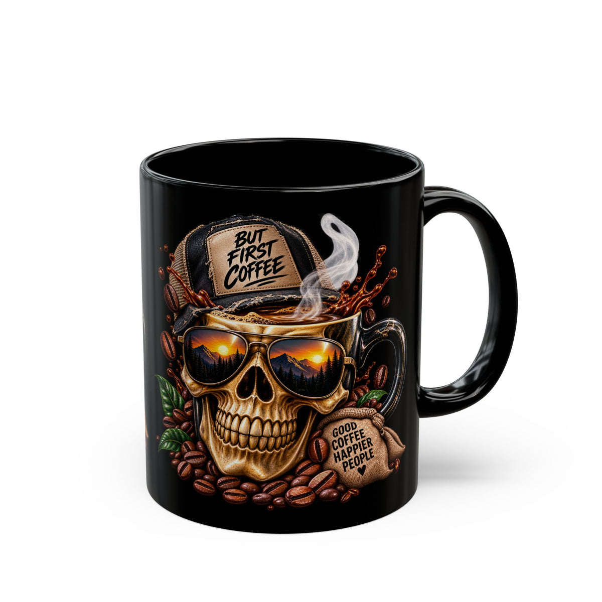 Skull Coffee Mug — "But First Coffee" Black Ceramic Mug (11oz/15oz)