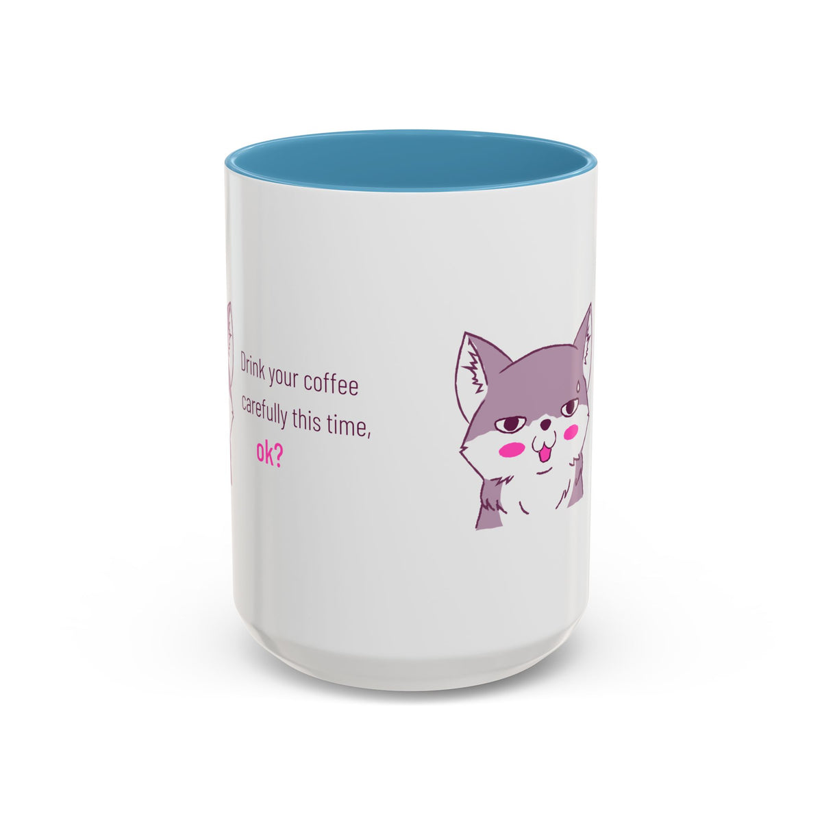Accent Coffee Mug — Cute Shy Fox Design "Drink your coffee carefully this time, ok?"