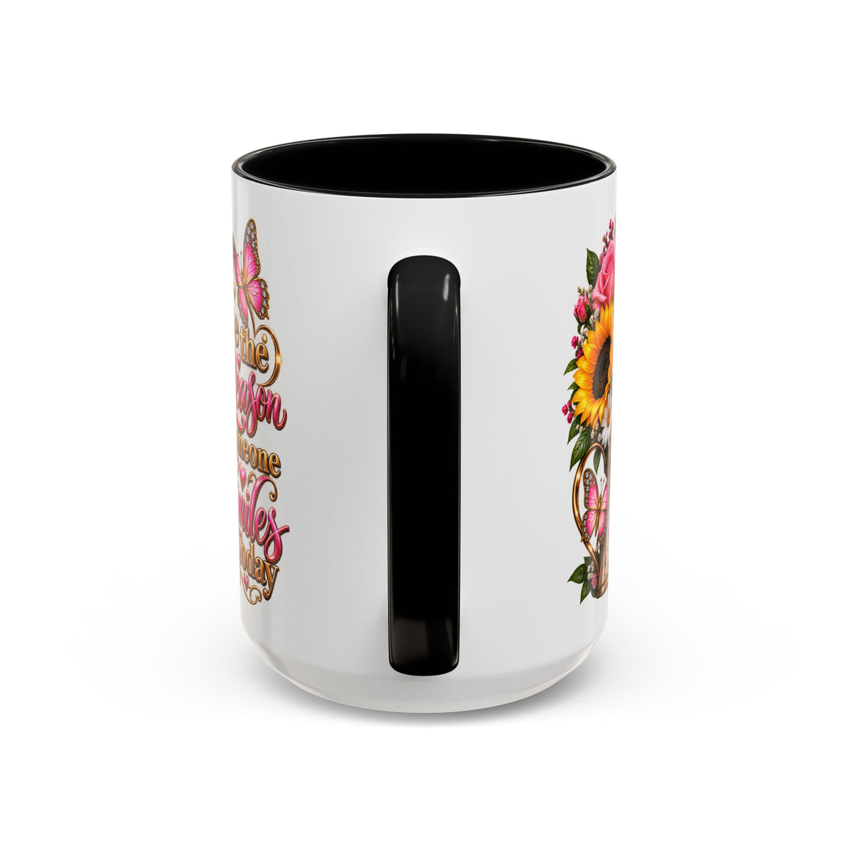 Be the Reason Someone Smiles Today Accent Coffee Mug – Floral Sunflower & Rose Inspirational 11/15oz
