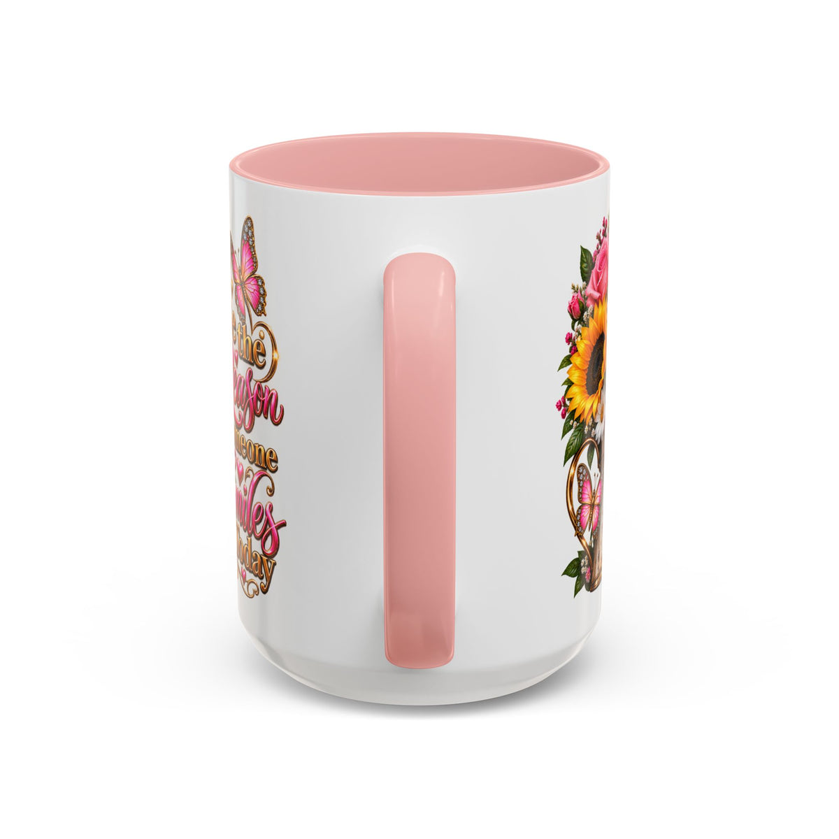 Be the Reason Someone Smiles Today Accent Coffee Mug – Floral Sunflower & Rose Inspirational 11/15oz