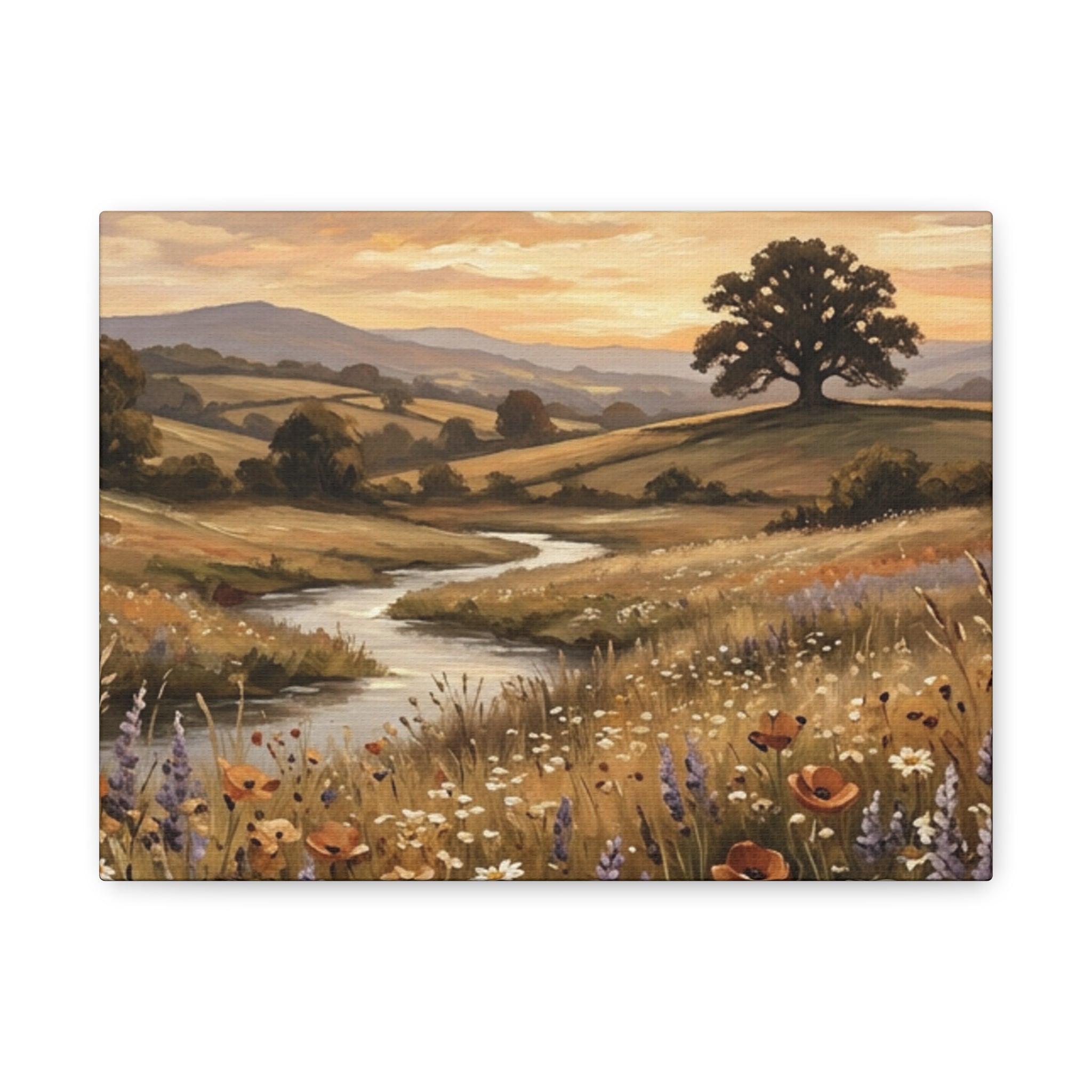Golden Meadow River Canvas Wall Art — Stretched Matte Print