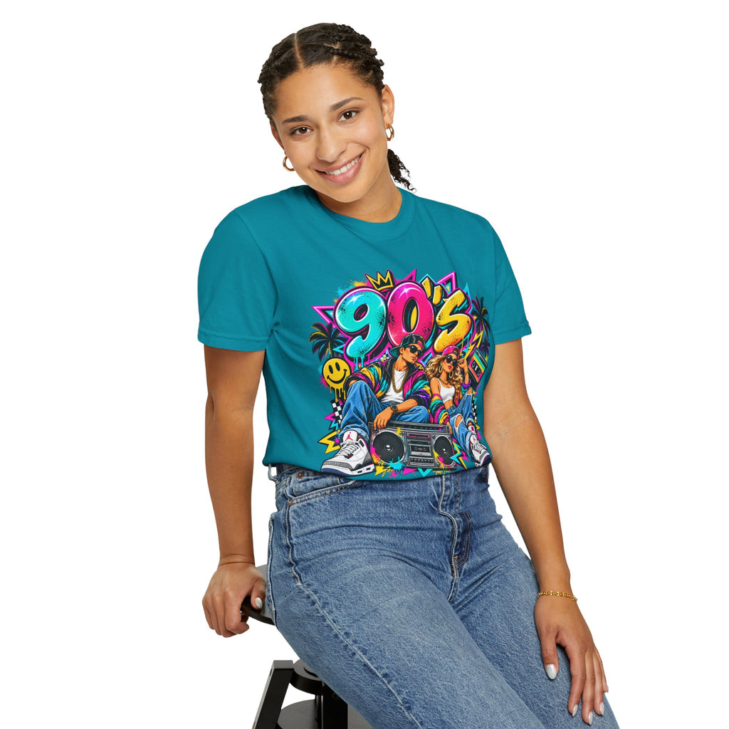 90s Retro Streetwear T-Shirt — Vintage Boombox & Neon Graffiti Design